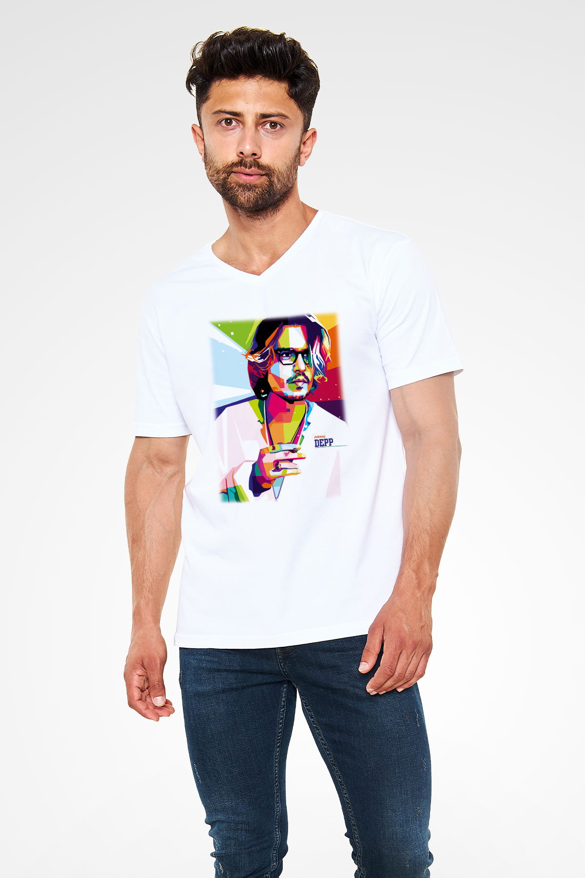 Johnny Depp Beyaz Unisex V Yaka Tişört T-Shirt