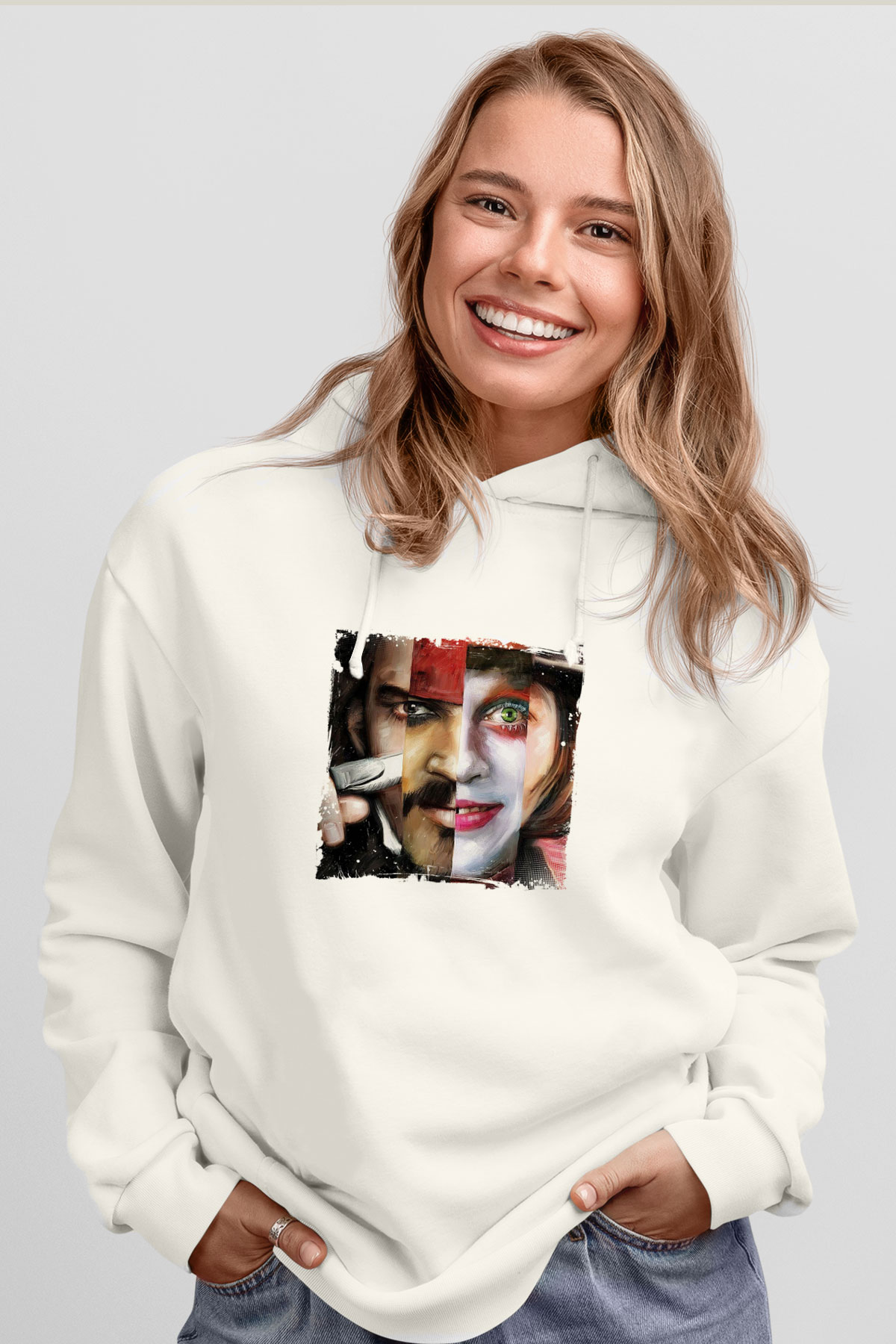 Johnny Depp Unisex Baskılı Beyaz Kapüşonlu Sweatshirt