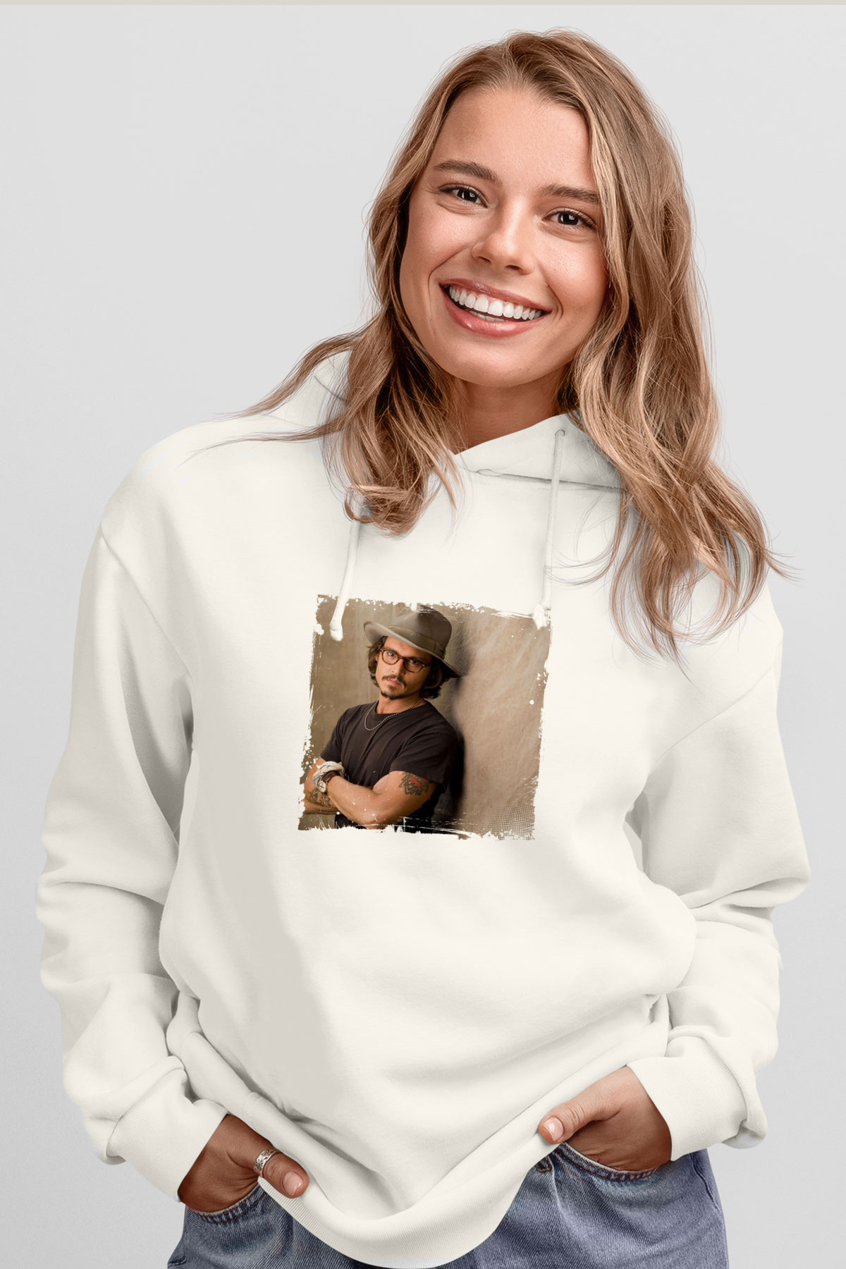 Johnny Depp Unisex Baskılı Beyaz Kapüşonlu Sweatshirt