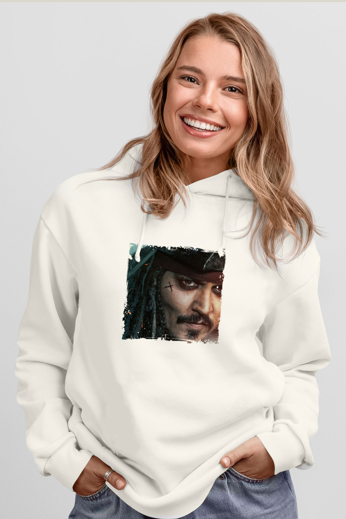 Johnny Depp Unisex Baskılı Beyaz Kapüşonlu Sweatshirt