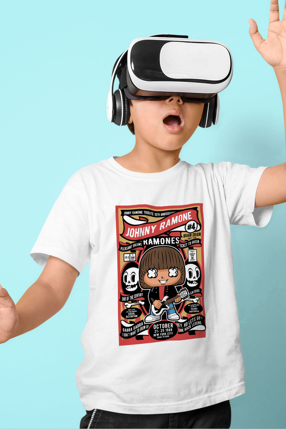 Johny Ramones Baskılı Unisex Beyaz Çocuk Tişört