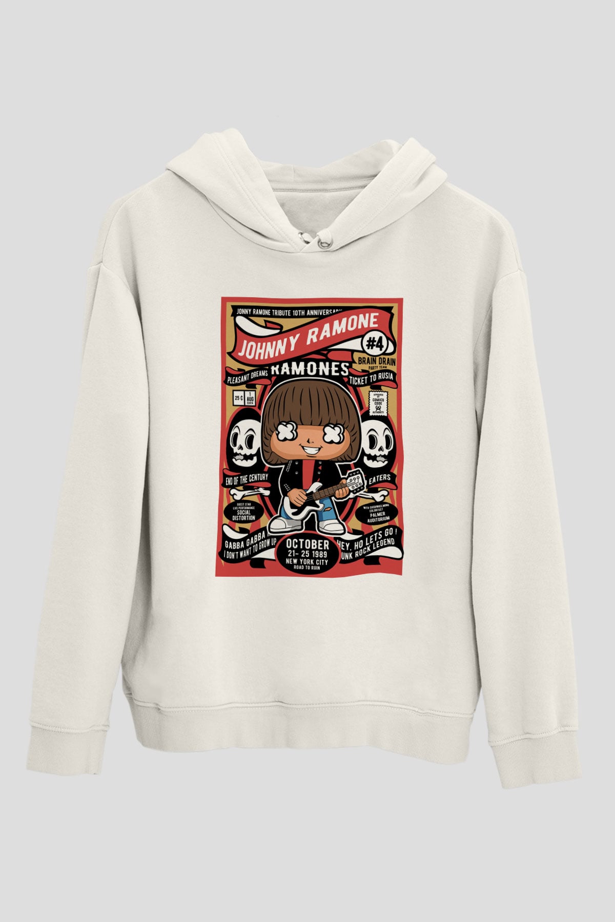 Johny Ramones Baskılı Unisex Beyaz Hoodie