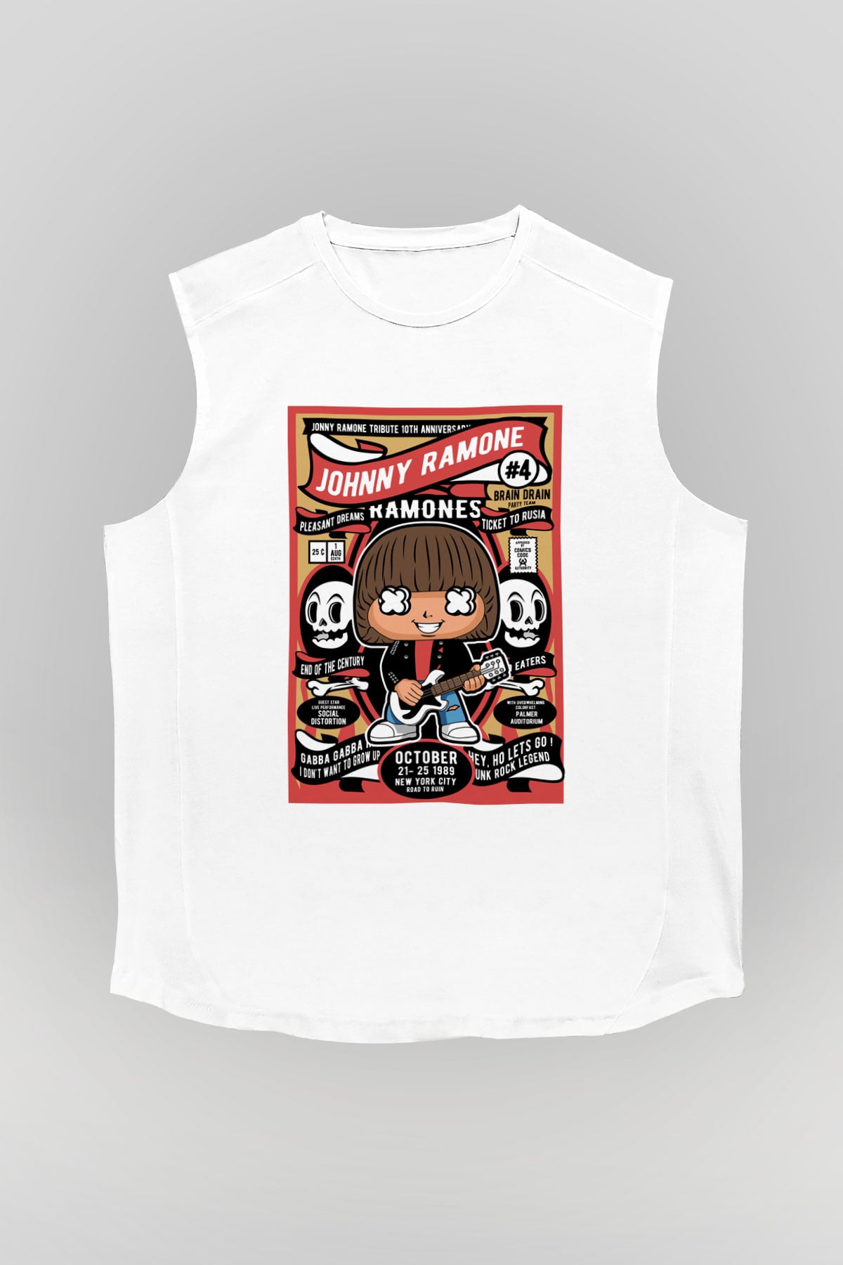 Johny Ramones Baskılı Unisex Beyaz Kolsuz Tişört