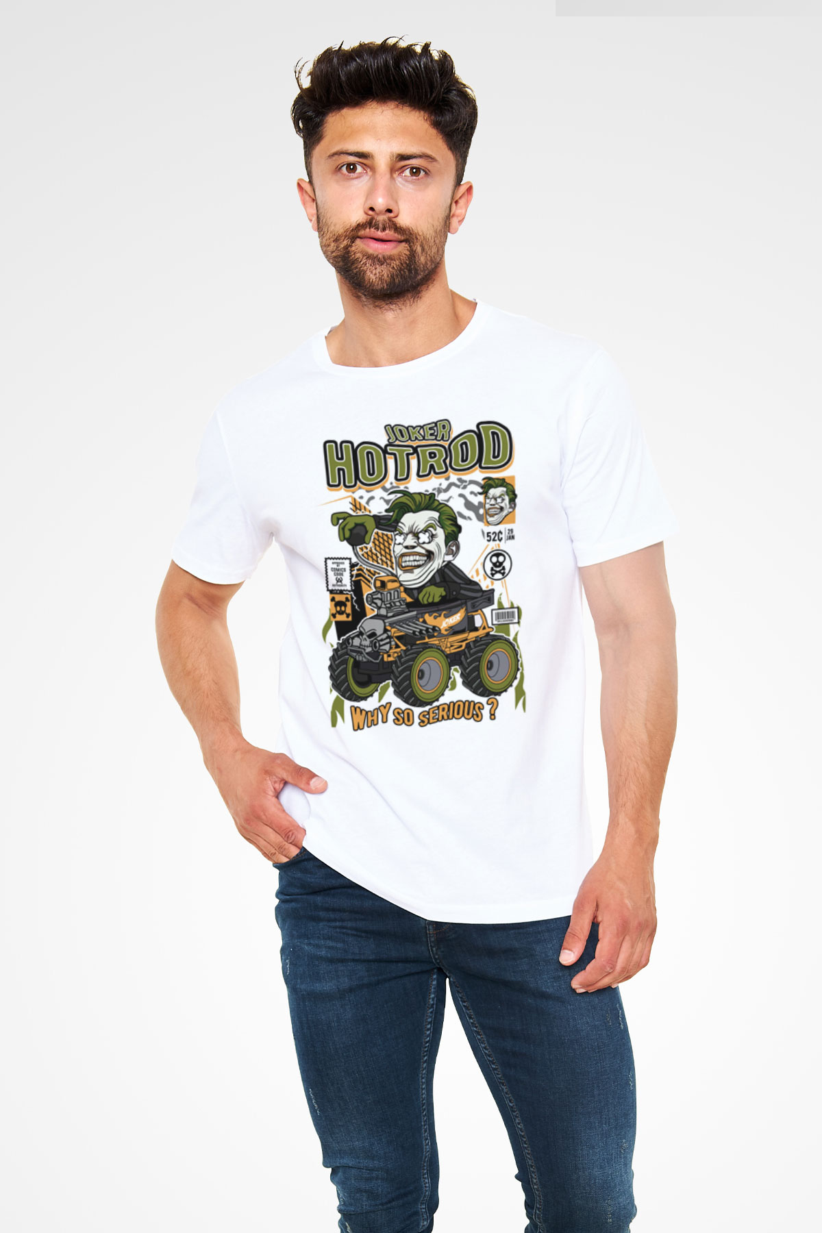 Joker Hotrod Baskılı Unisex Beyaz Tişört