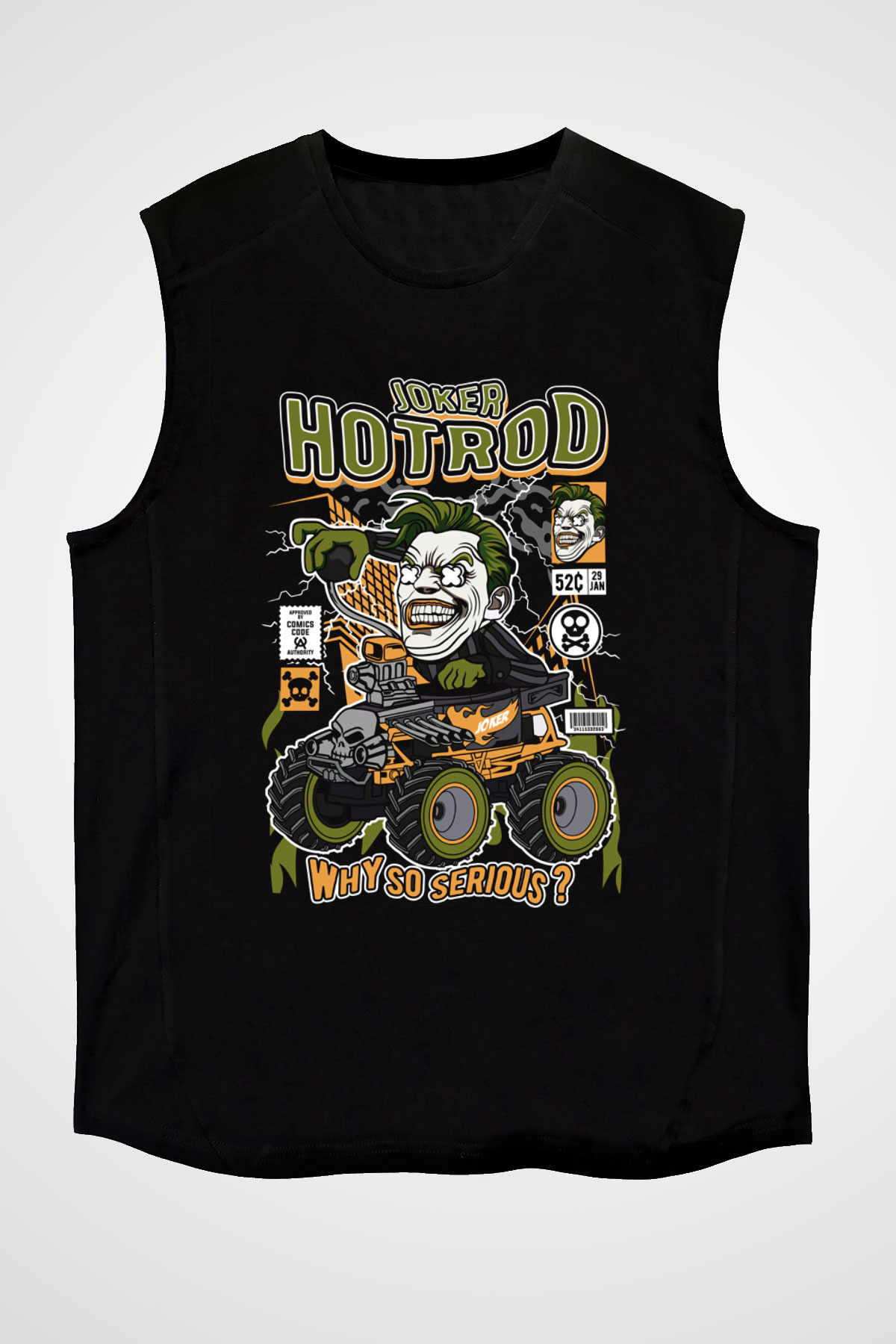 Joker Hotrod Baskılı Unisex Siyah Kolsuz Tişört