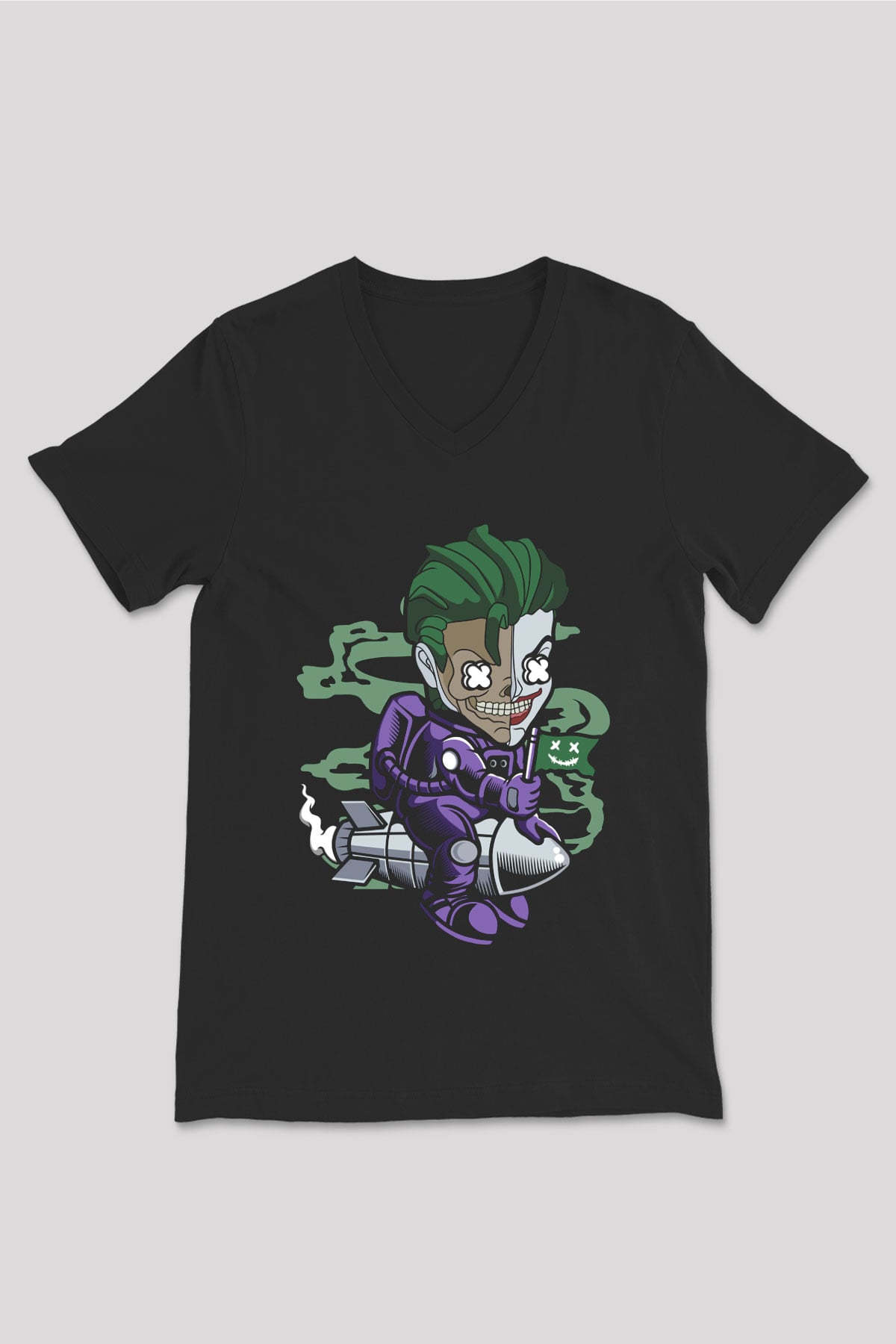 Joker Riding Rocket Baskılı Unisex Siyah V Yaka Tişört
