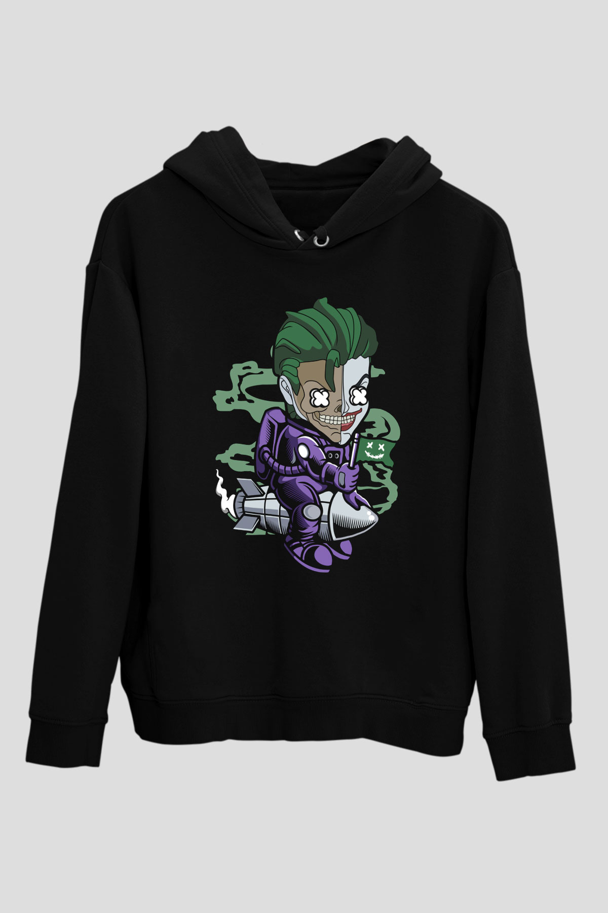 Joker Riding Rocket Baskılı Unisex Siyah Hoodie