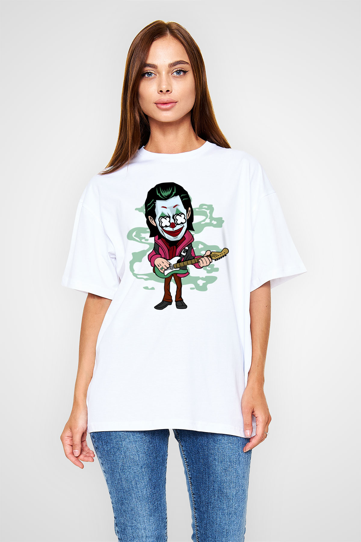 Joker Rockstar Baskılı Unisex Beyaz Oversize Tişört