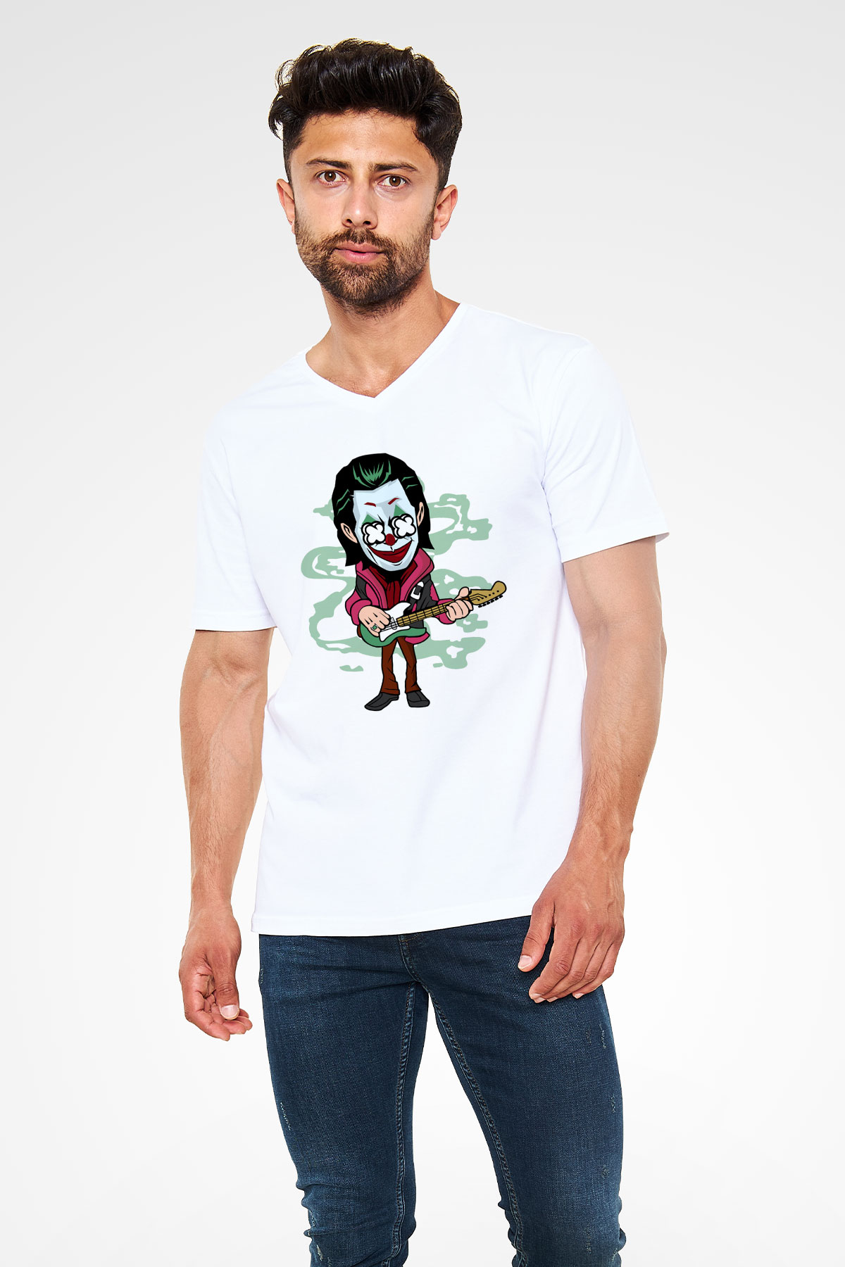 Joker Rockstar Baskılı Unisex Beyaz V Yaka Tişört