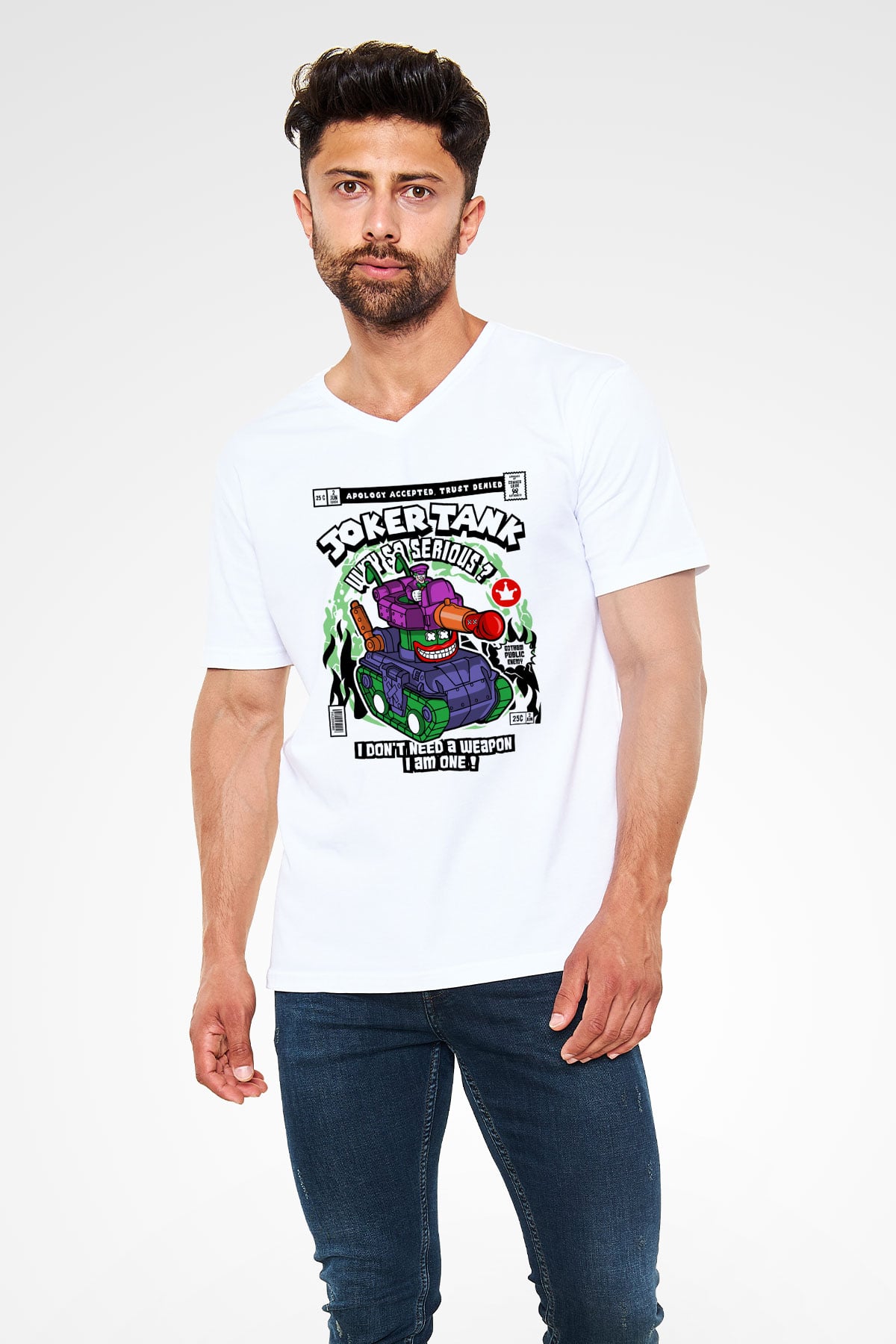 Joker Tank Baskılı Unisex Beyaz V Yaka Tişört
