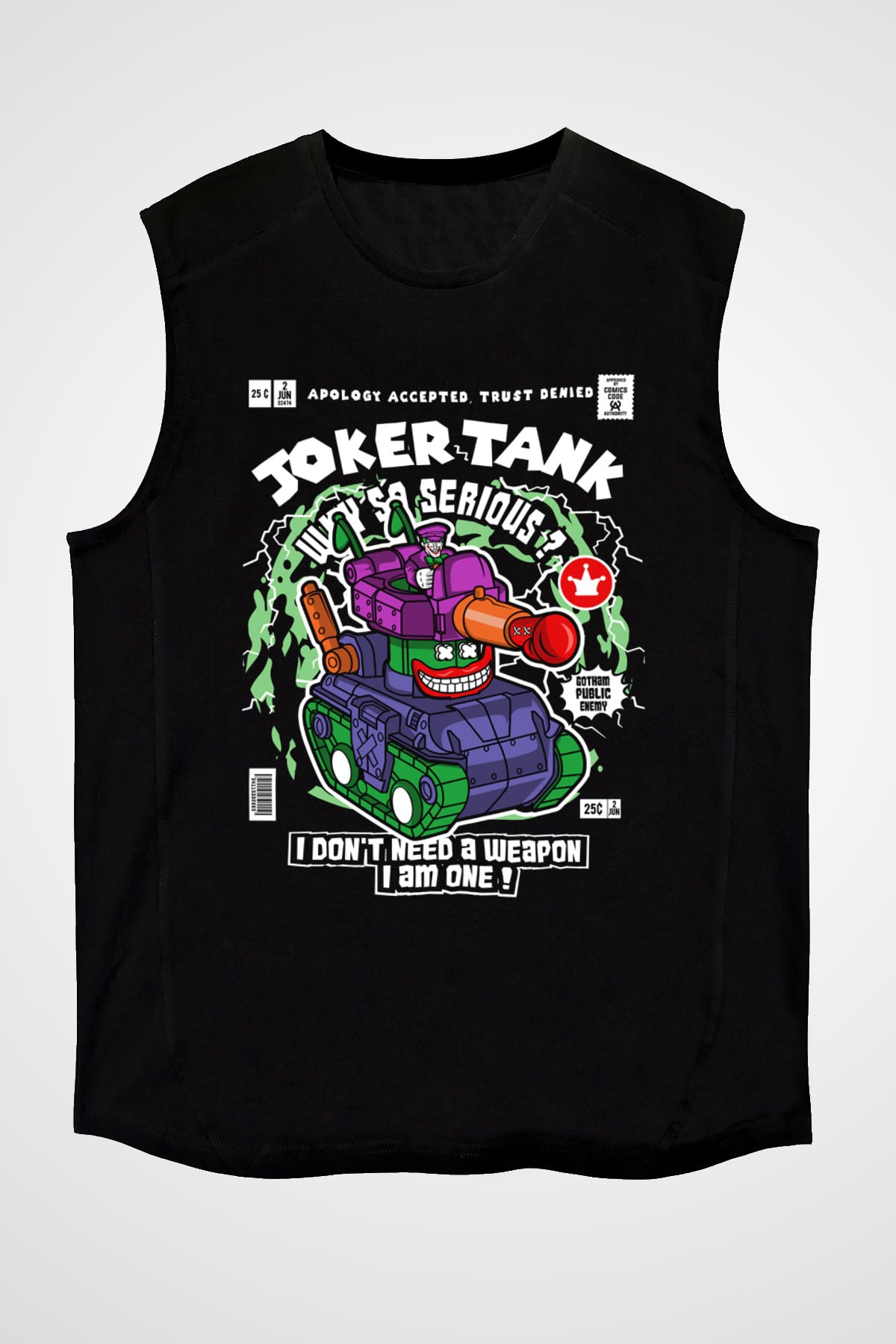 Joker Tank Baskılı Unisex Siyah Kolsuz Tişört