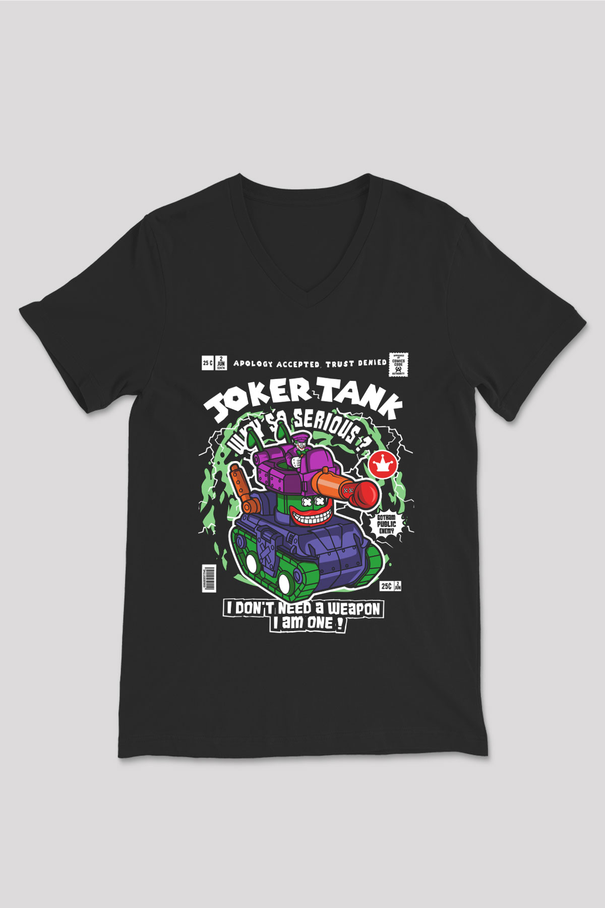 Joker Tank Baskılı Unisex Siyah V Yaka Tişört