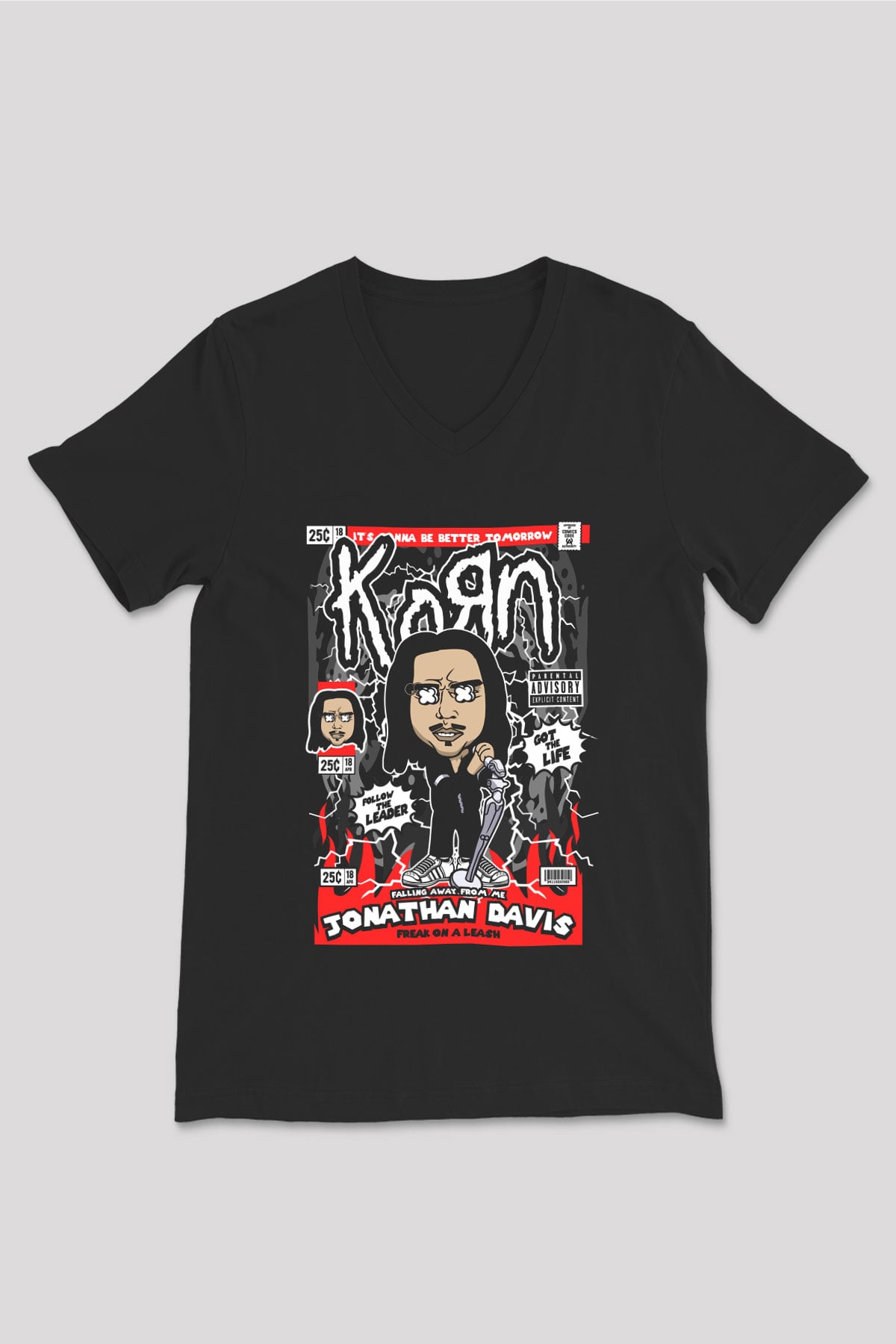 Jonathan Davis KoRn Baskılı Unisex Siyah V Yaka Tişört
