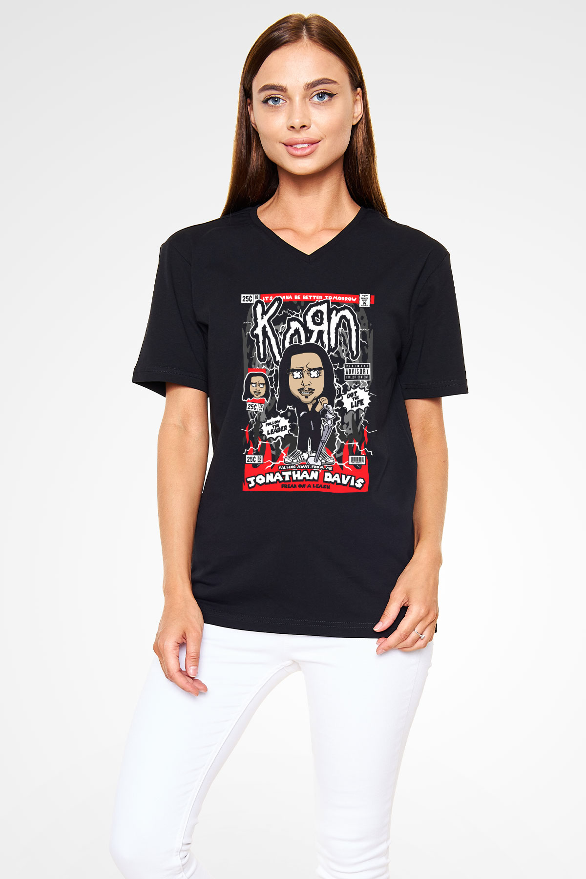 Jonathan Davis KoRn Baskılı Unisex Siyah V Yaka Tişört
