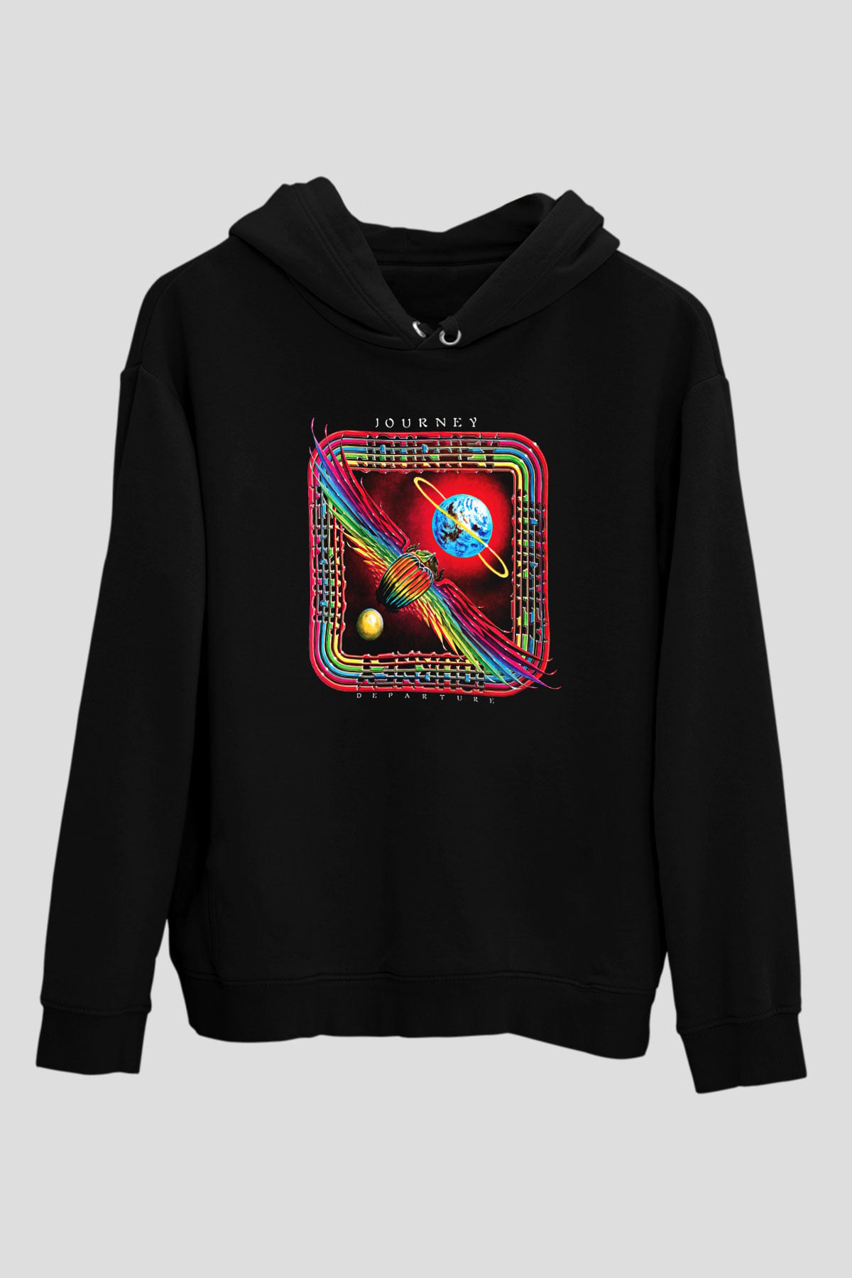 Journey Baskılı Unisex Siyah Kapüşonlu Sweatshirt