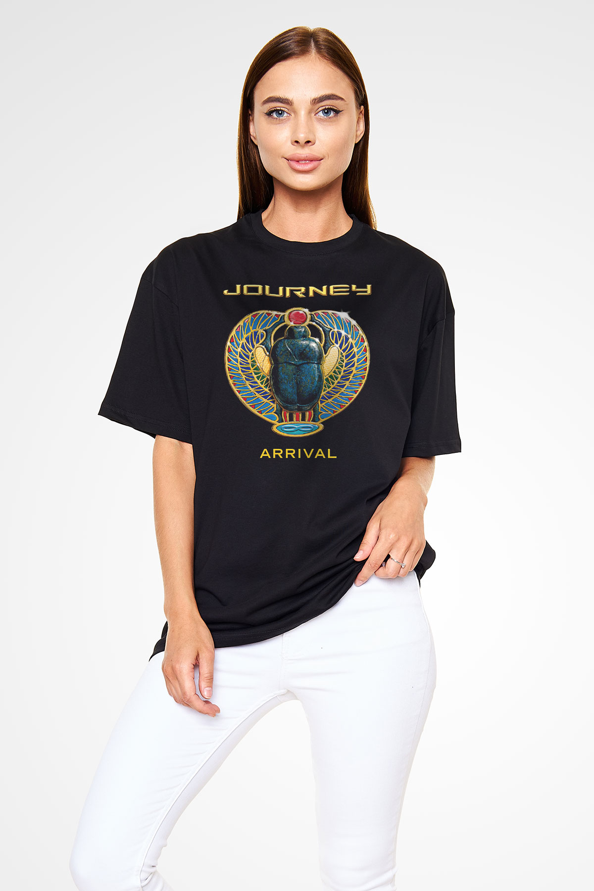 Journey Baskılı Unisex Siyah Oversize Tişört - Tshirt