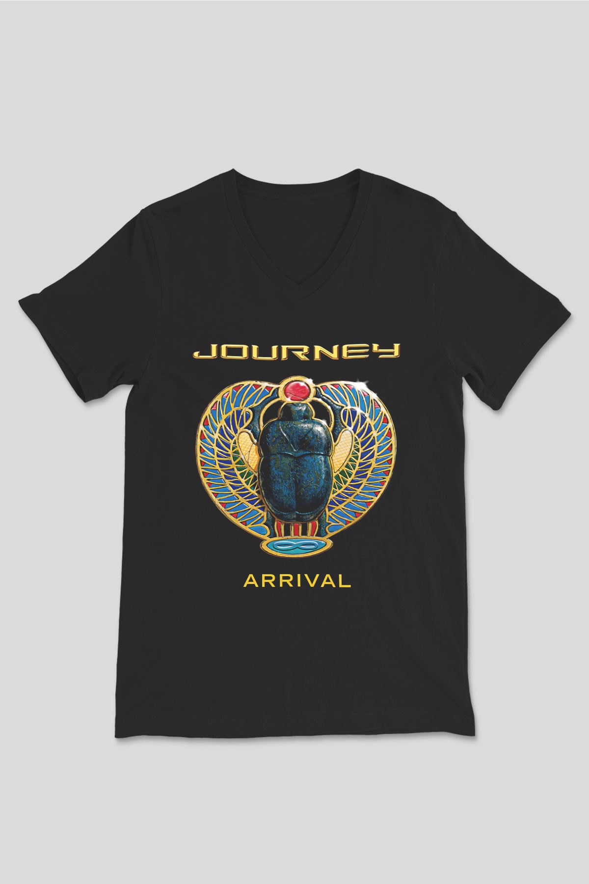 Journey Baskılı Unisex Siyah V Yaka Tişört - Tshirt