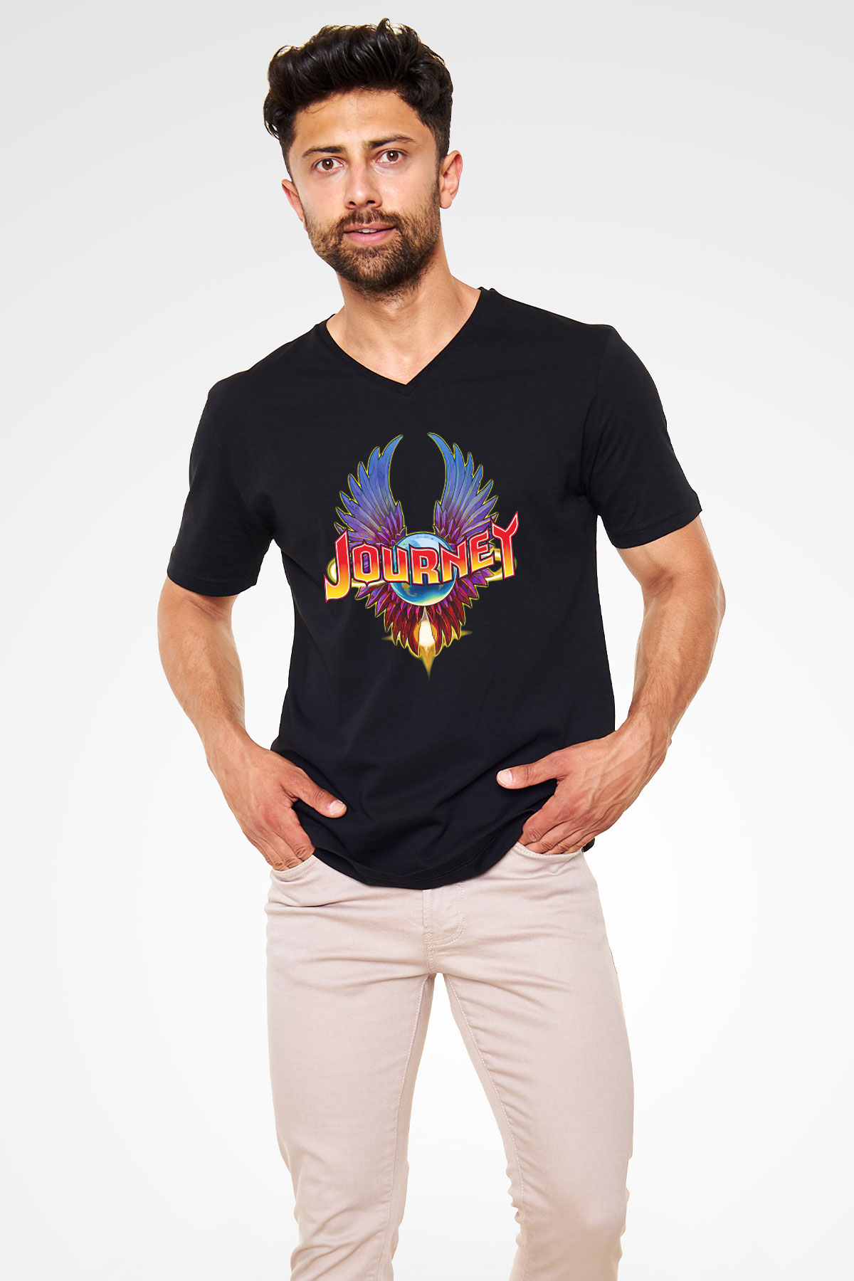 Journey Baskılı Unisex Siyah V Yaka Tişört - Tshirt