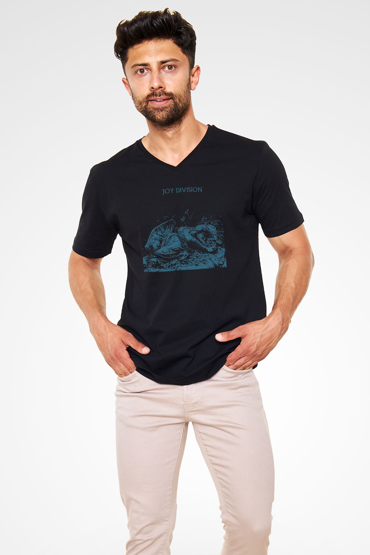 Joy Division Siyah Unisex V Yaka Tişört T-Shirt