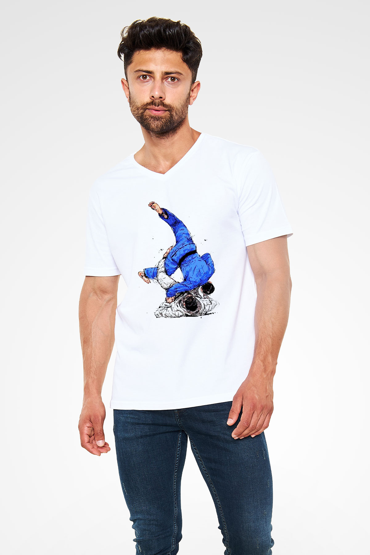 Judo Beyaz Unisex V Yaka Tişört T-Shirt