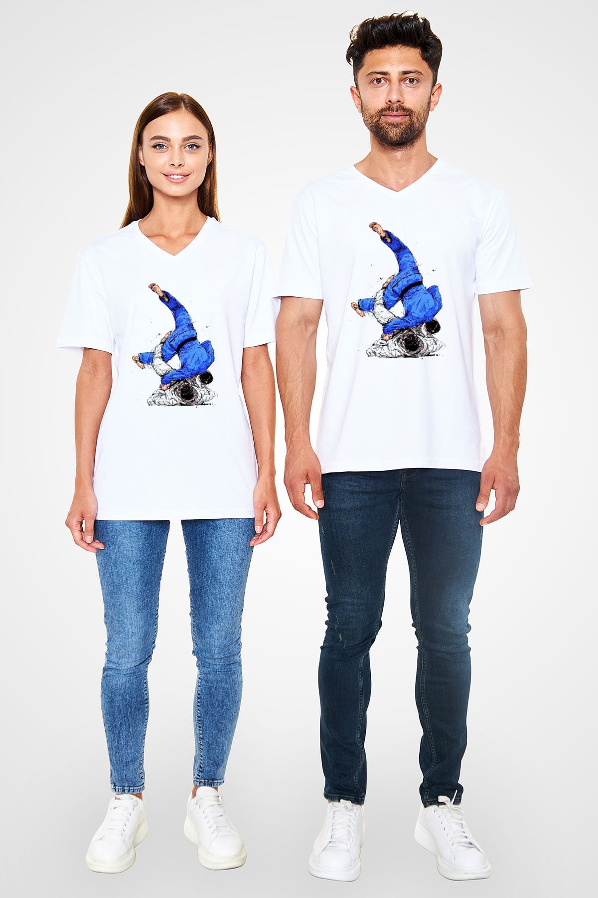 Judo Beyaz Unisex V Yaka Tişört T-Shirt