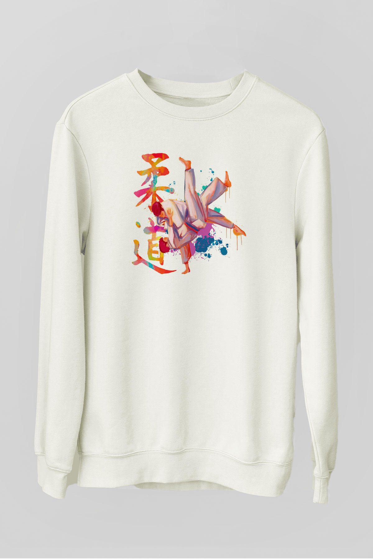 Judo Temalı Baskılı Beyaz  Sweatshirt
