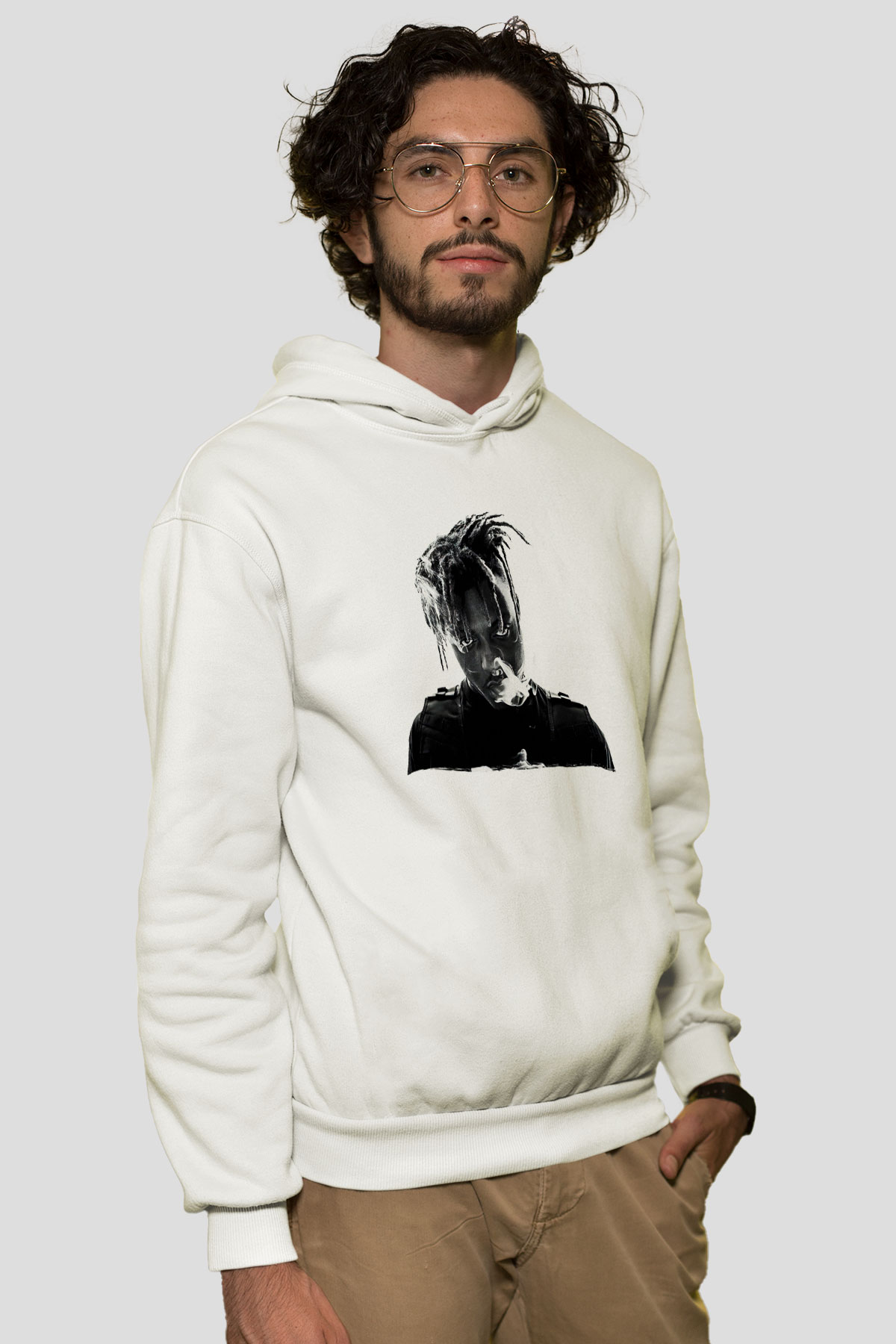 Juice Wrld Baskılı Beyaz Unisex Kapüşonlu Sweatshirt