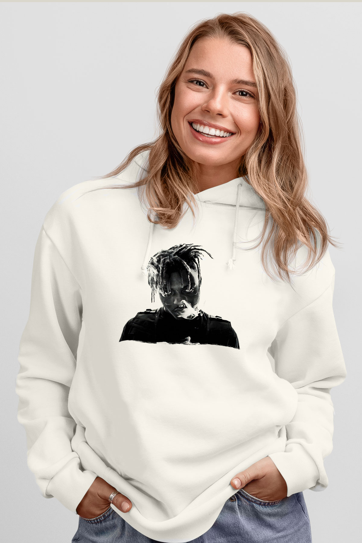 Juice Wrld Baskılı Beyaz Unisex Kapüşonlu Sweatshirt