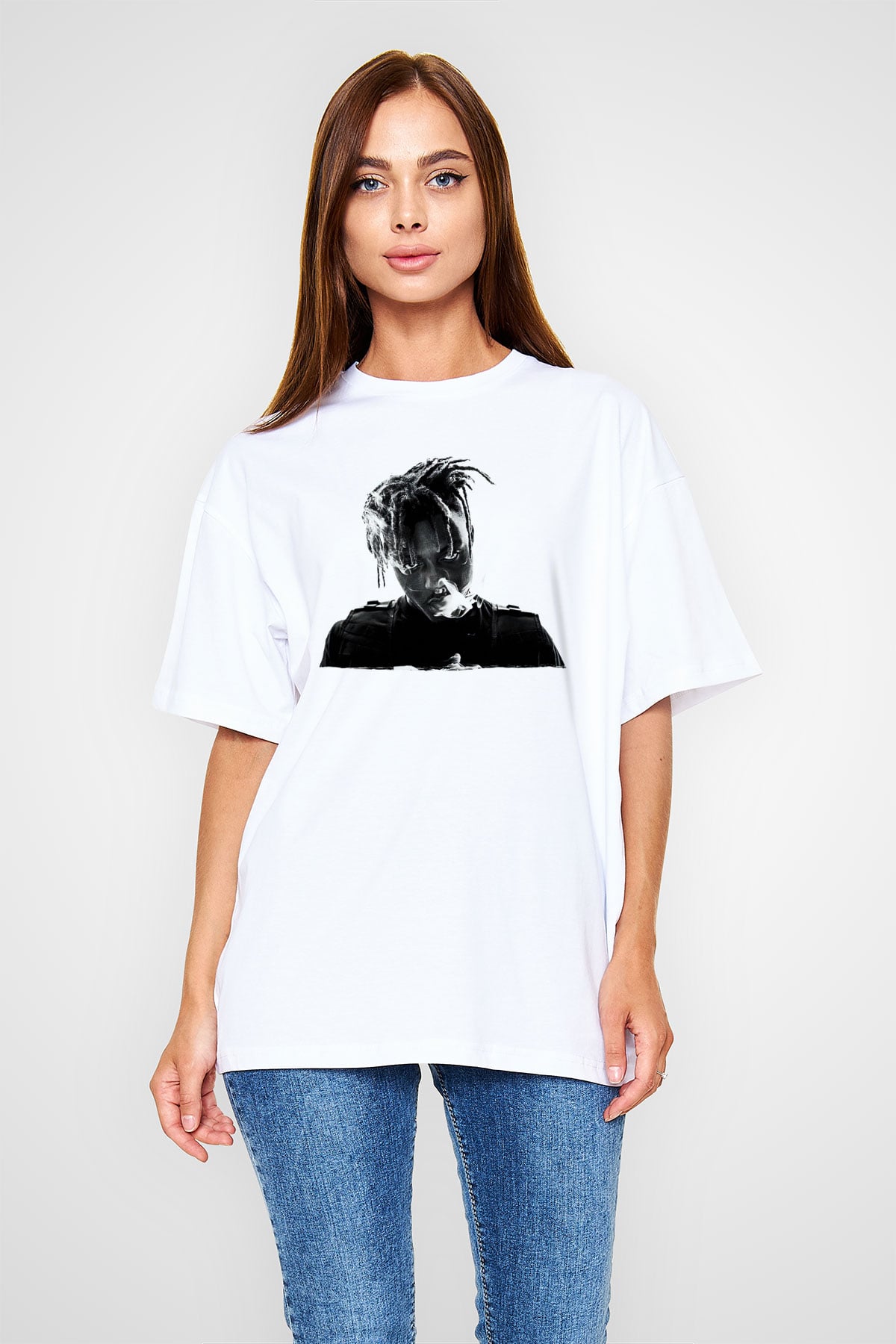 Juice Wrld Baskılı Beyaz Unisex Oversize Tişört - Tshirt