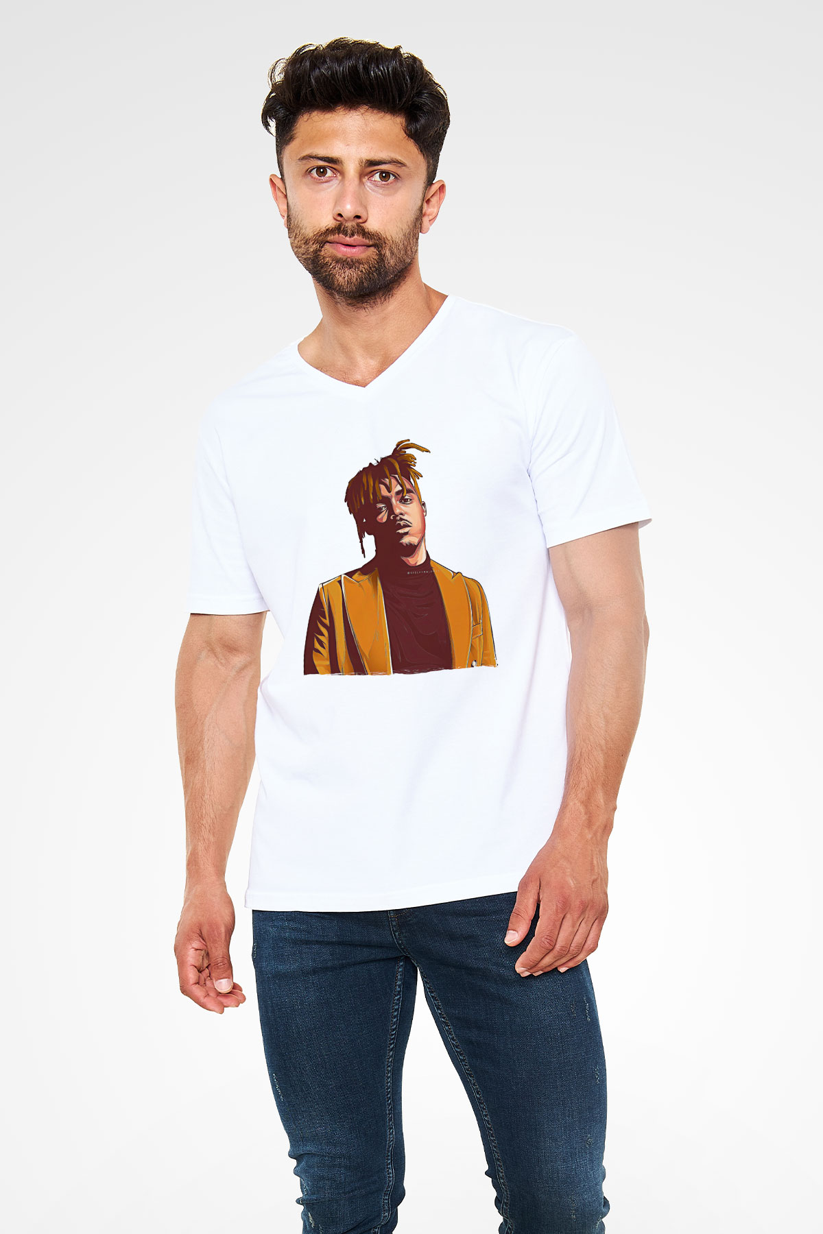 Juice Wrld Baskılı Beyaz Unisex V Yaka Tişört - Tshirt