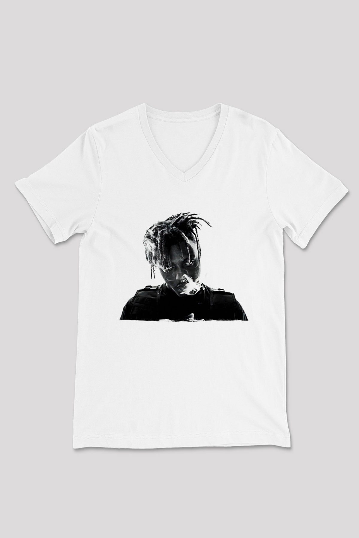 Juice Wrld Baskılı Beyaz Unisex V Yaka Tişört - Tshirt