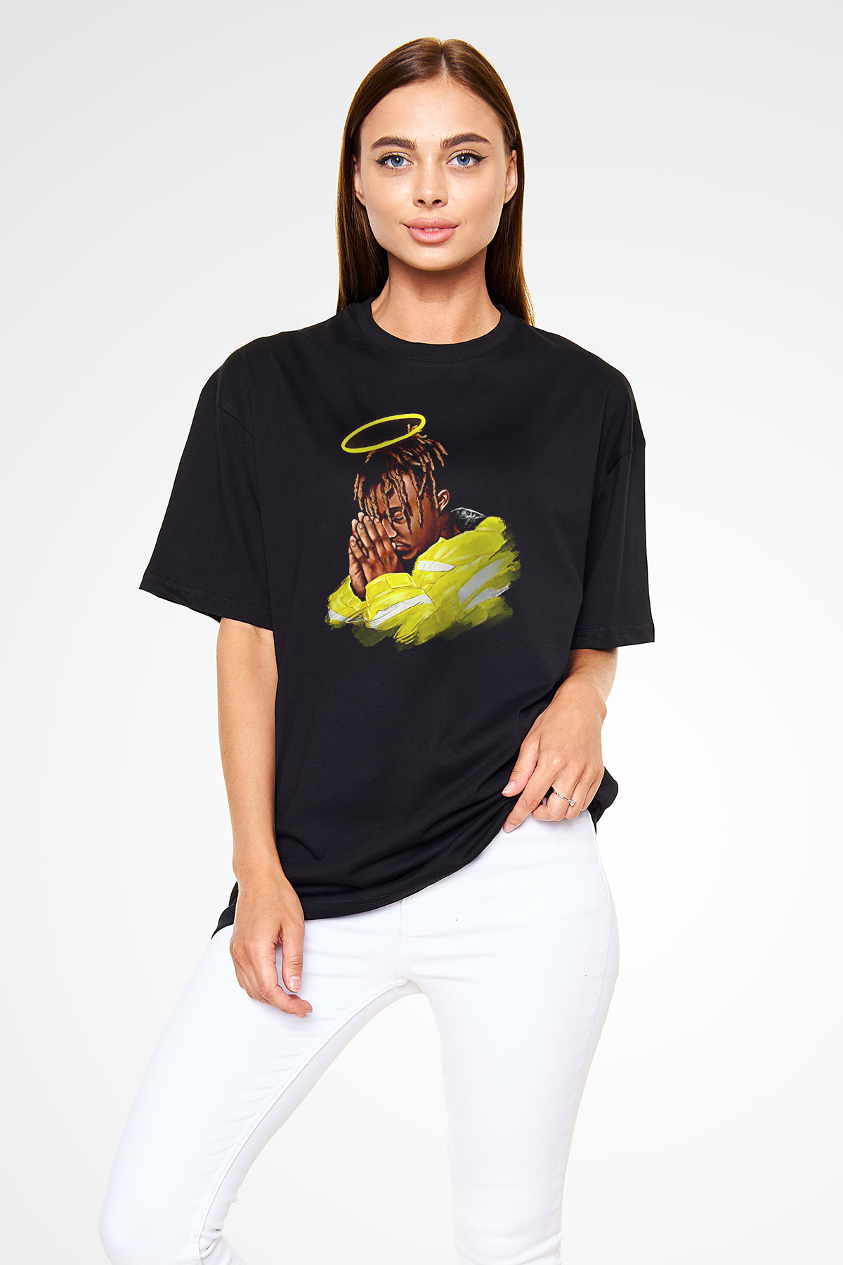Juice Wrld Baskılı Unisex Siyah Oversize Tişört - Tshirt