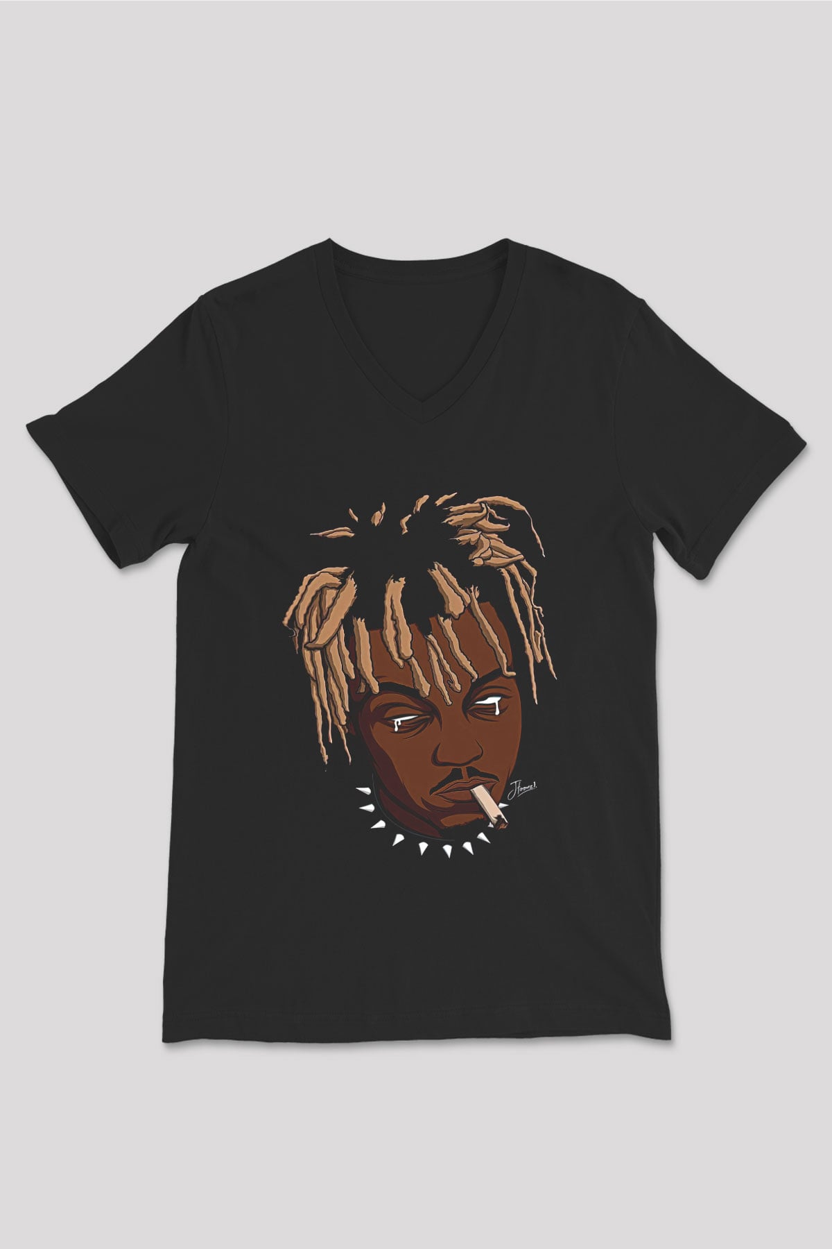 Juice Wrld Baskılı Unisex Siyah V Yaka Tişört - Tshirt