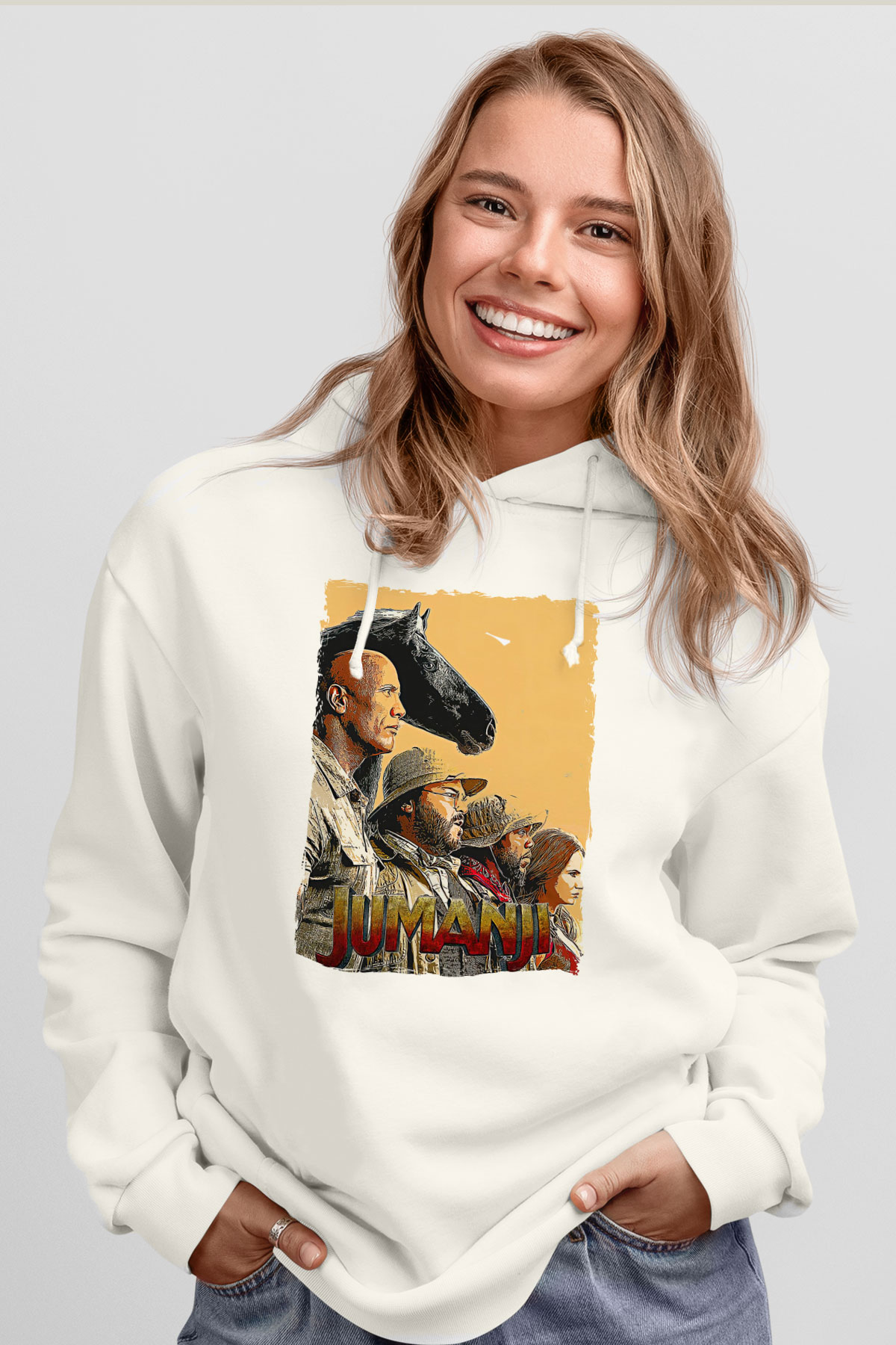 Jumanji Baskılı Beyaz Unisex Hoodie