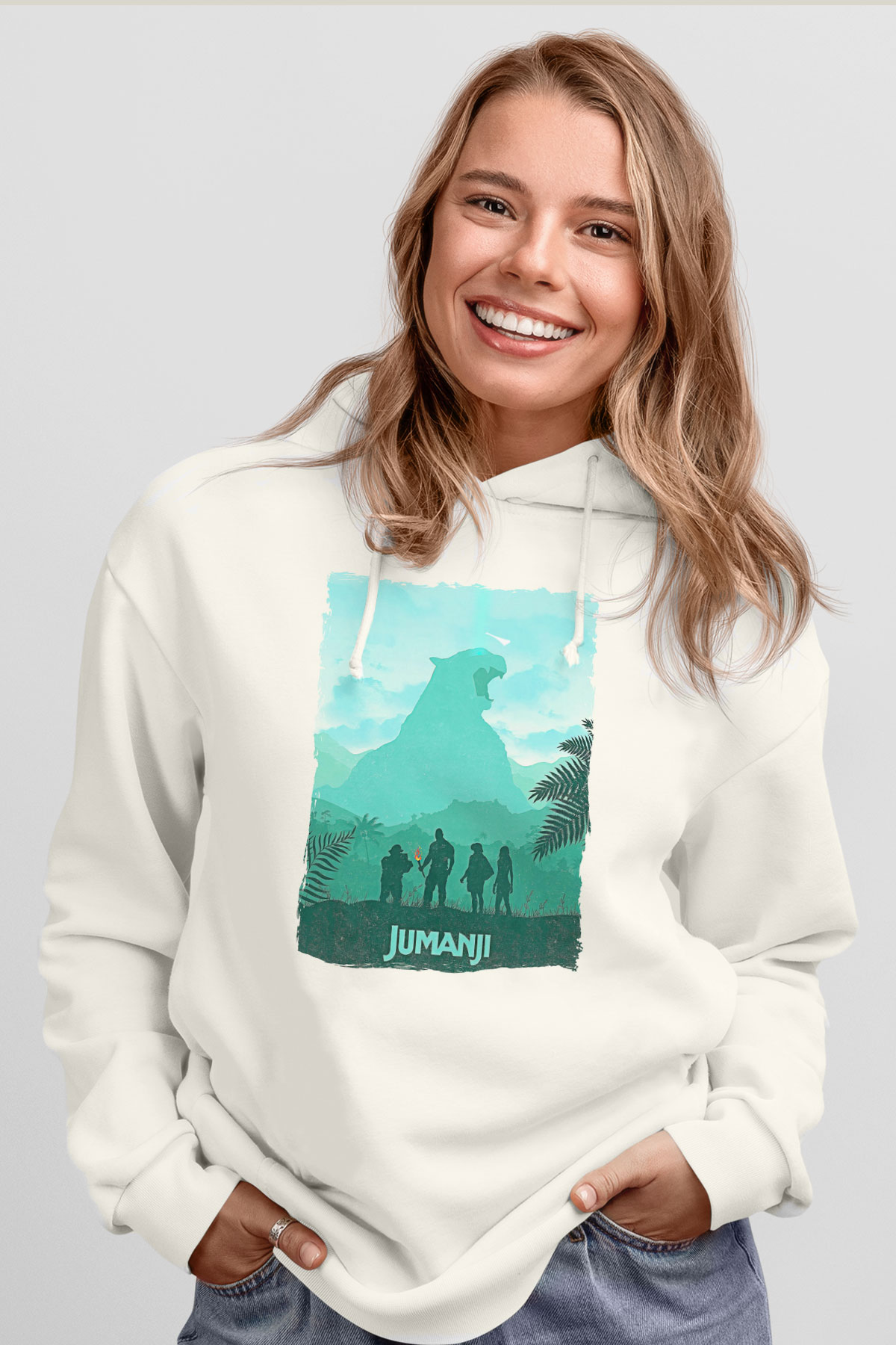 Jumanji Baskılı Beyaz Unisex Hoodie
