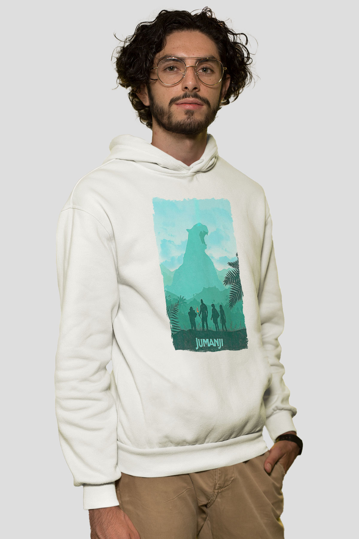 Jumanji Baskılı Beyaz Unisex Hoodie