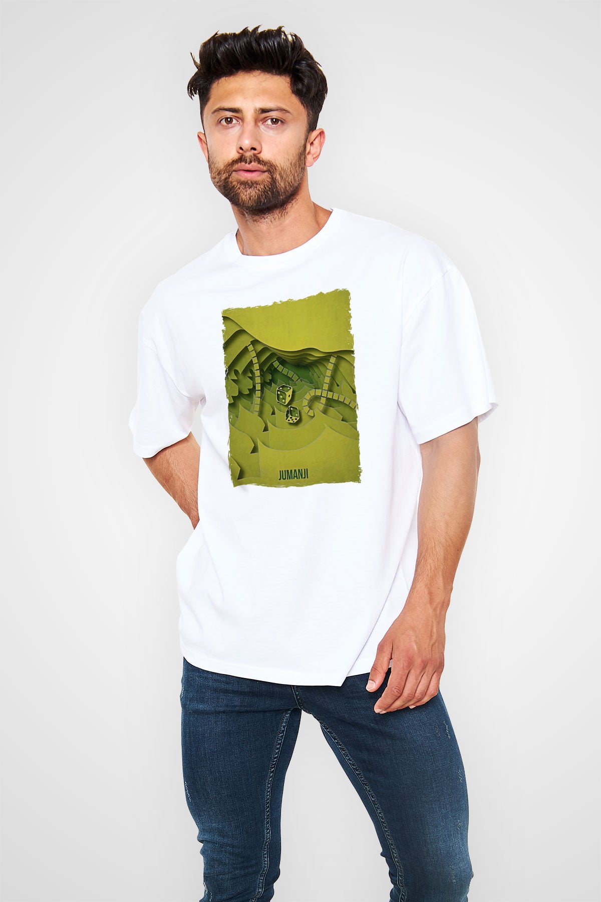 Jumanji Baskılı Beyaz Unisex Oversize Tişört - Tshirt