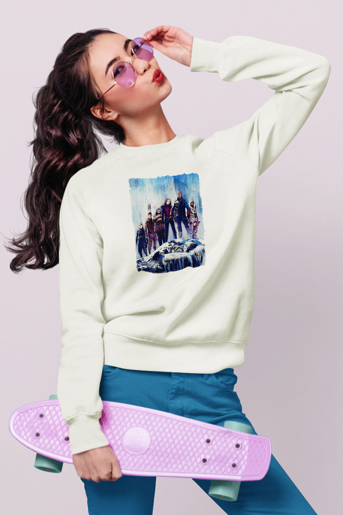 Jumanji Baskılı Beyaz Unisex Sweatshirt