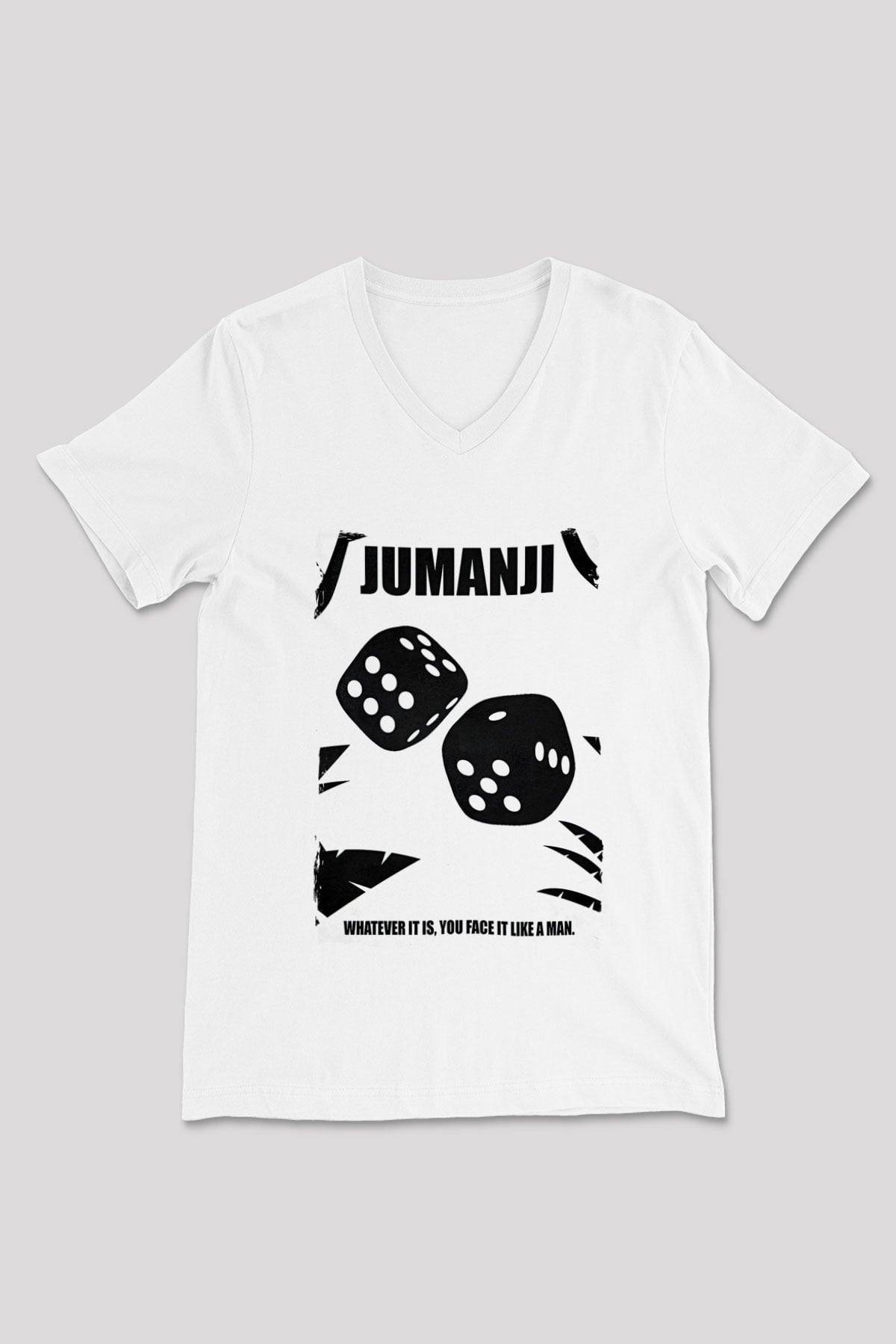 Jumanji Baskılı Beyaz Unisex V Yaka Tişört - Tshirt