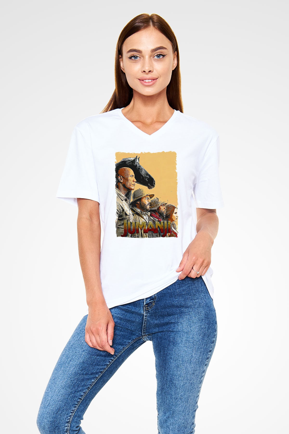 Jumanji Baskılı Beyaz Unisex V Yaka Tişört - Tshirt