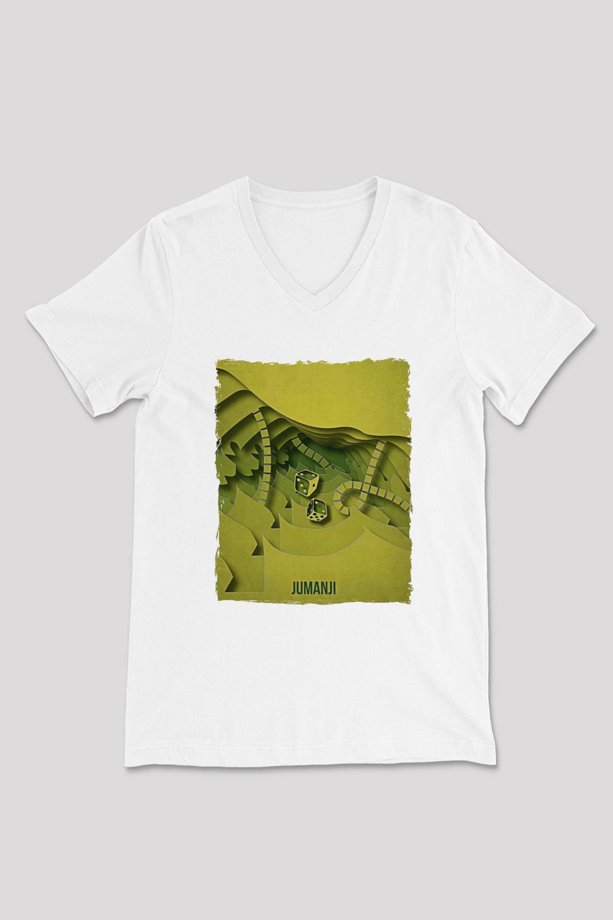 Jumanji Baskılı Beyaz Unisex V Yaka Tişört - Tshirt