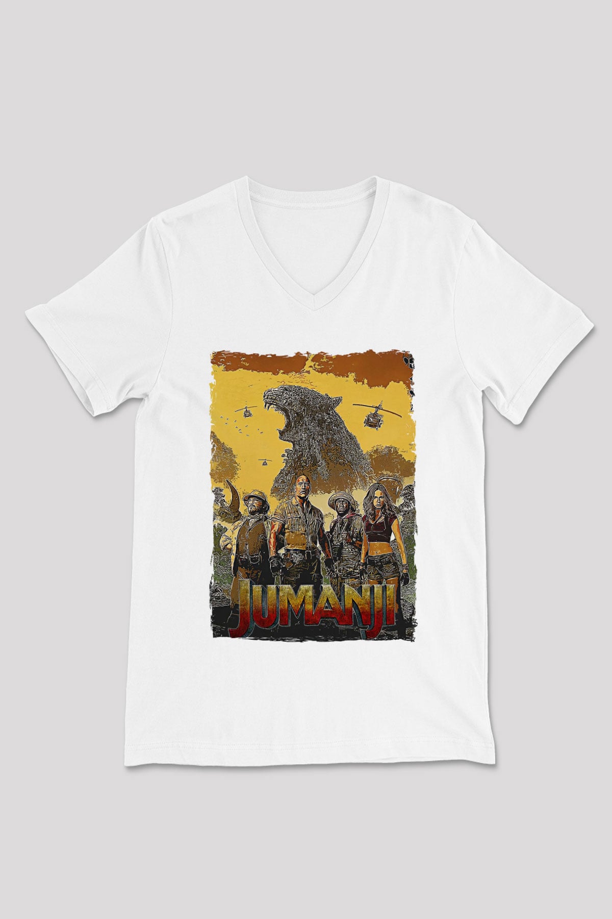 Jumanji Baskılı Beyaz Unisex V Yaka Tişört - Tshirt