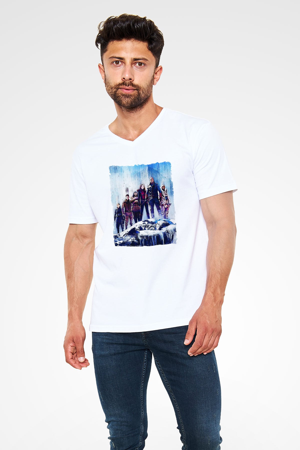 Jumanji Baskılı Beyaz Unisex V Yaka Tişört - Tshirt