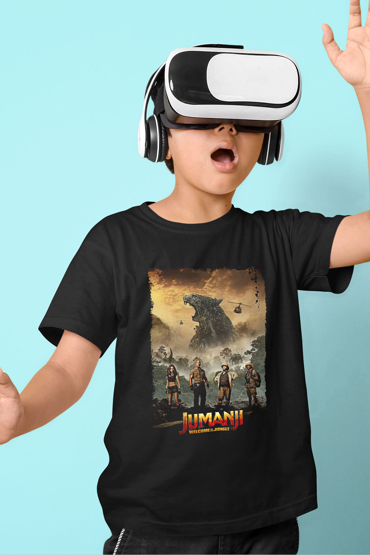 Jumanji Baskılı Unisex Siyah Çocuk Tişört - Tshirt