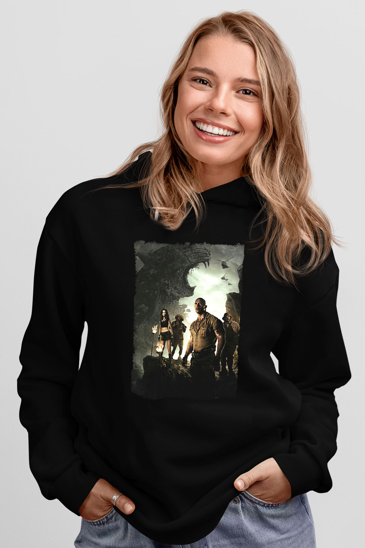 Jumanji Baskılı Unisex Siyah Hoodie