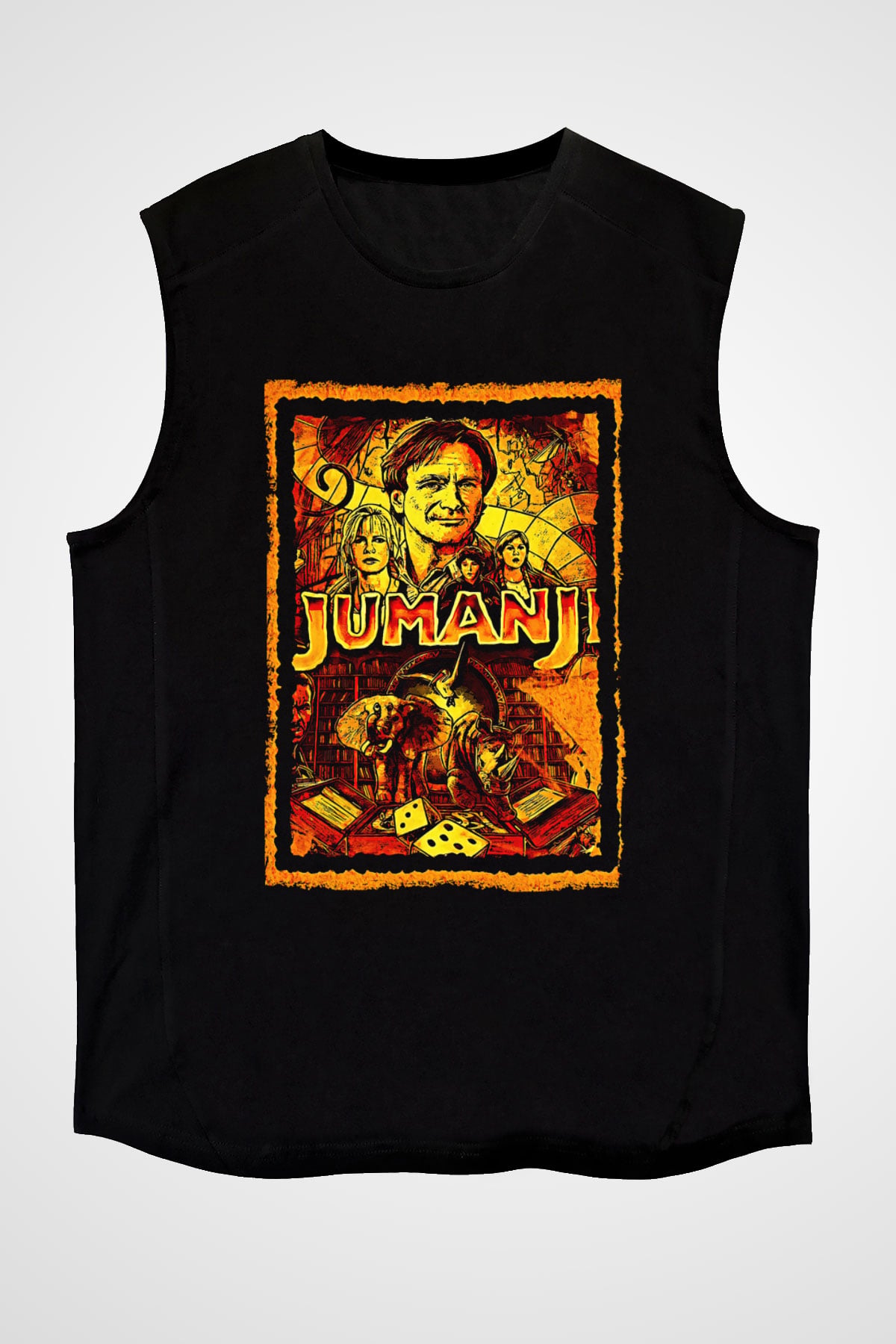 Jumanji Baskılı Unisex Siyah Kolsuz Tişört - Tshirt