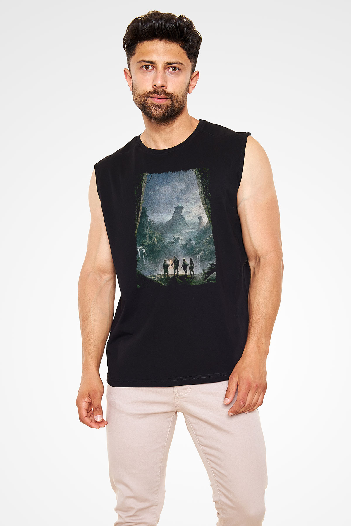 Jumanji Baskılı Unisex Siyah Kolsuz Tişört - Tshirt