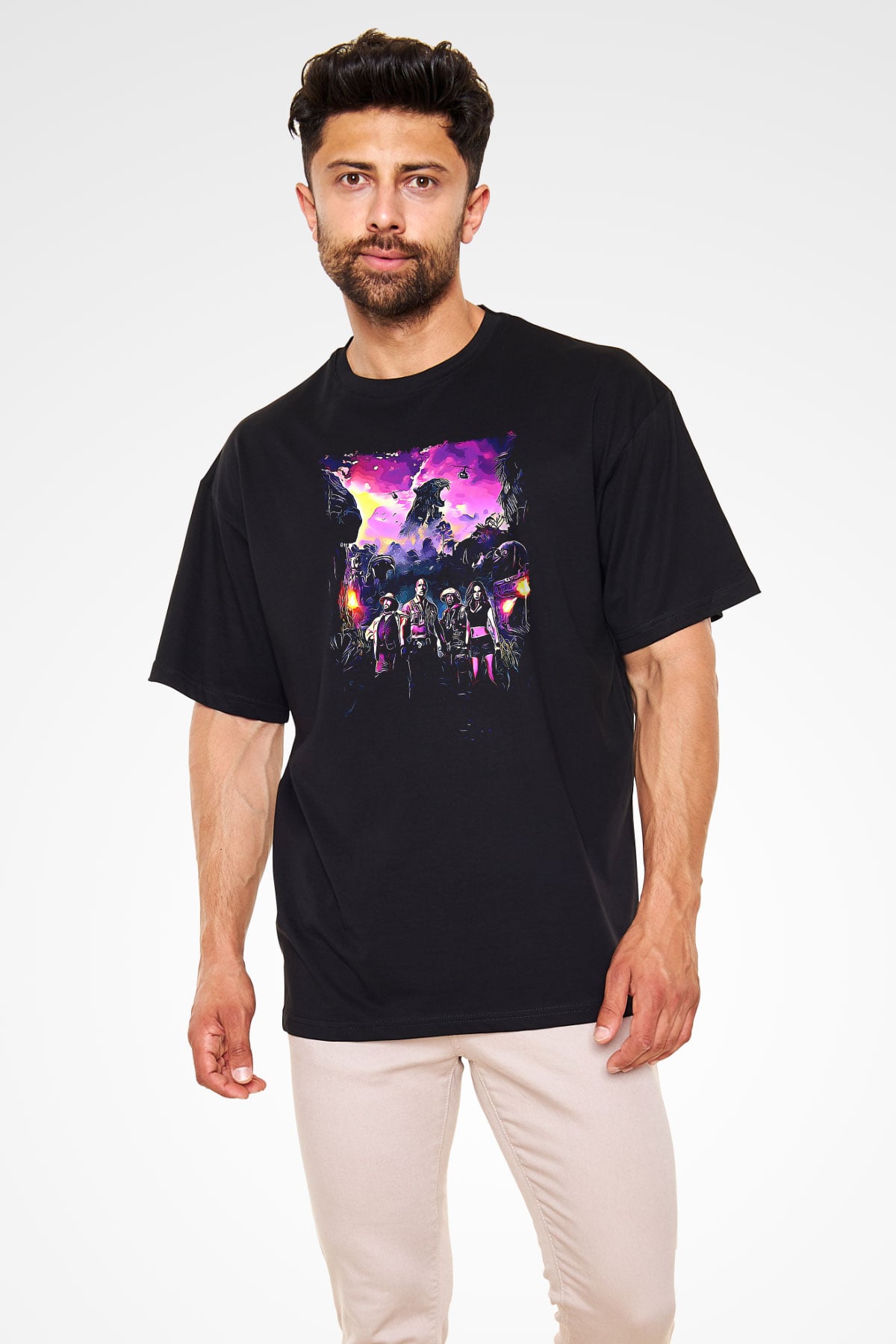 Jumanji Baskılı Unisex Siyah Oversize Tişört - Tshirt