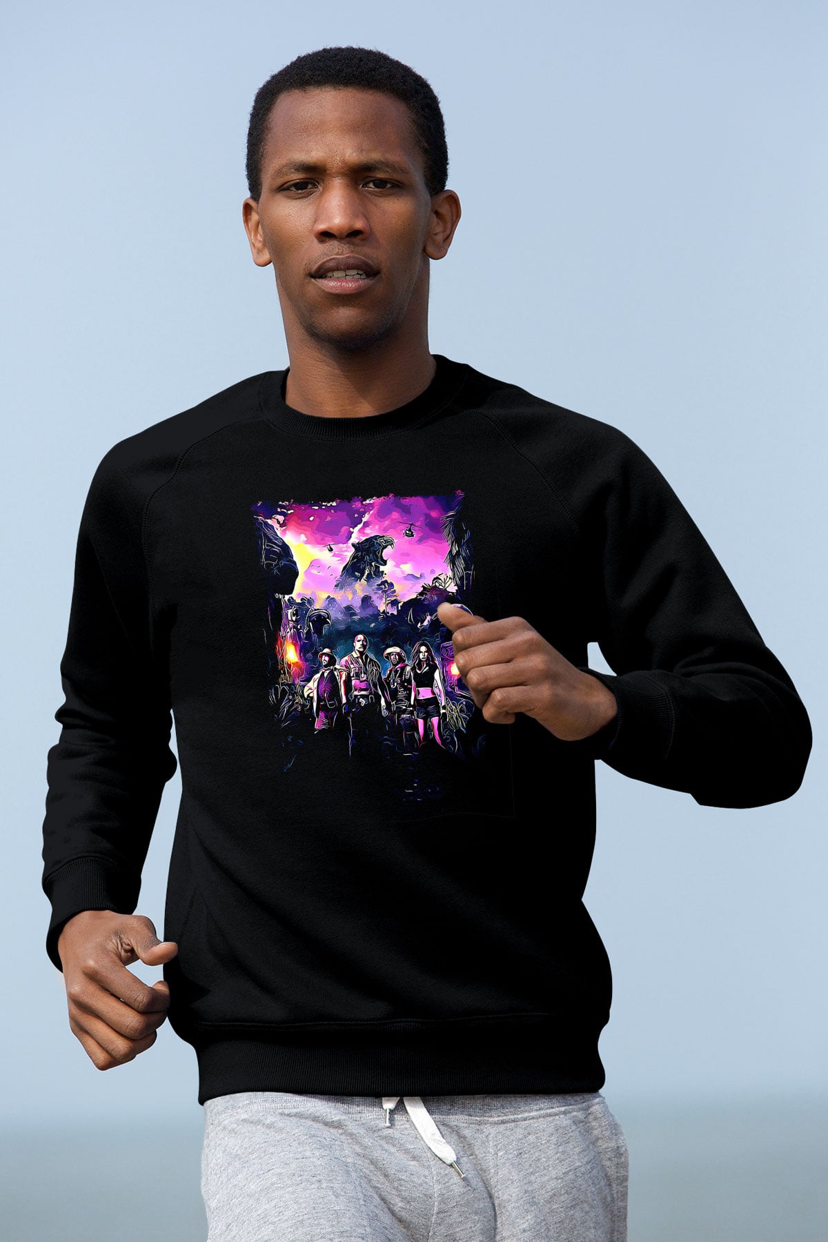 Jumanji Baskılı Unisex Siyah Sweatshirt