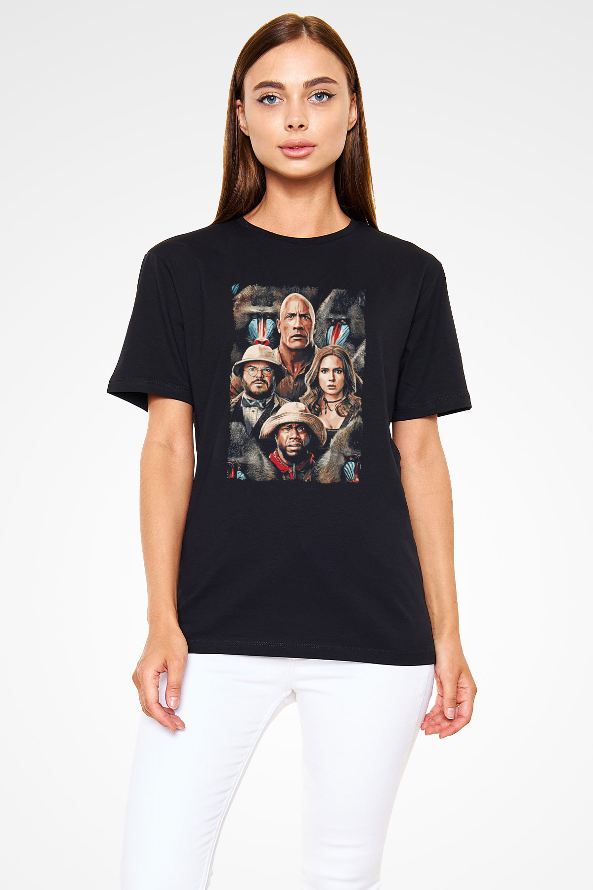 Jumanji Baskılı Unisex Siyah Tişört - Tshirt